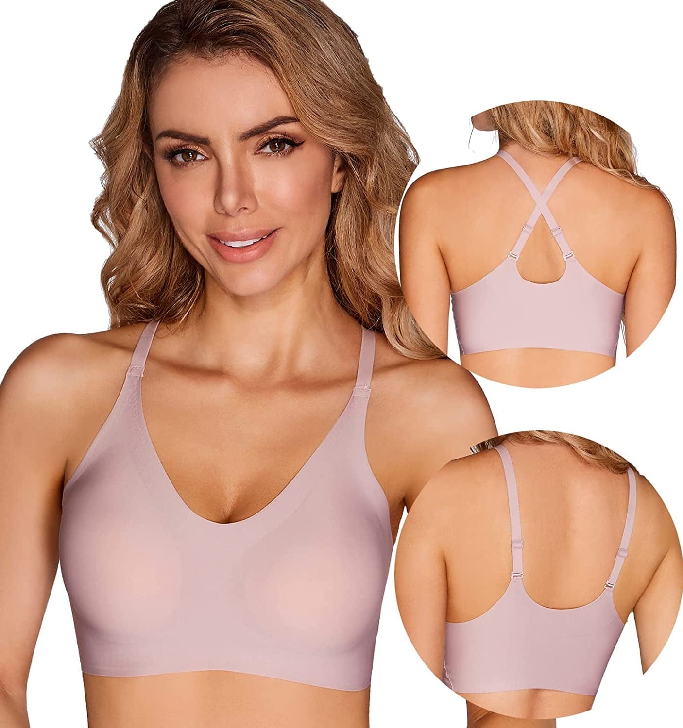 PRETTYWELL Bras for Women Comfort Seamless Bra, Cross Back Adjustable Bralette Bra, Wireless Everyday Bras for Women A-C Cup Pink / X-Large
