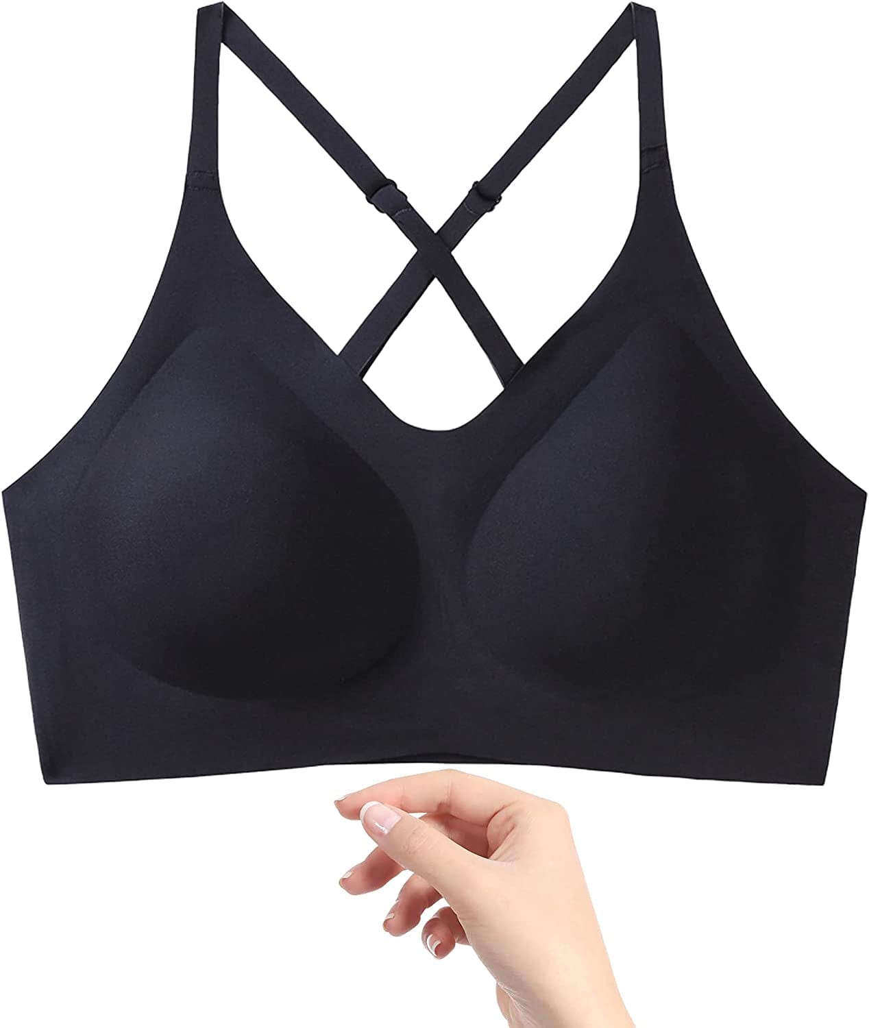 PRETTYWELL Bras for Women Comfort Seamless Bra, Cross Back Adjustable Bralette Bra, Wireless Everyday Bras for Women A-C Cup Black / Large