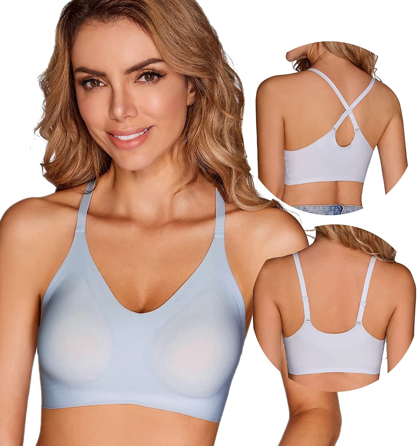 PRETTYWELL Bras for Women Comfort Seamless Bra, Cross Back Adjustable Bralette Bra, Wireless Everyday Bras for Women A-C Cup Blue / Large