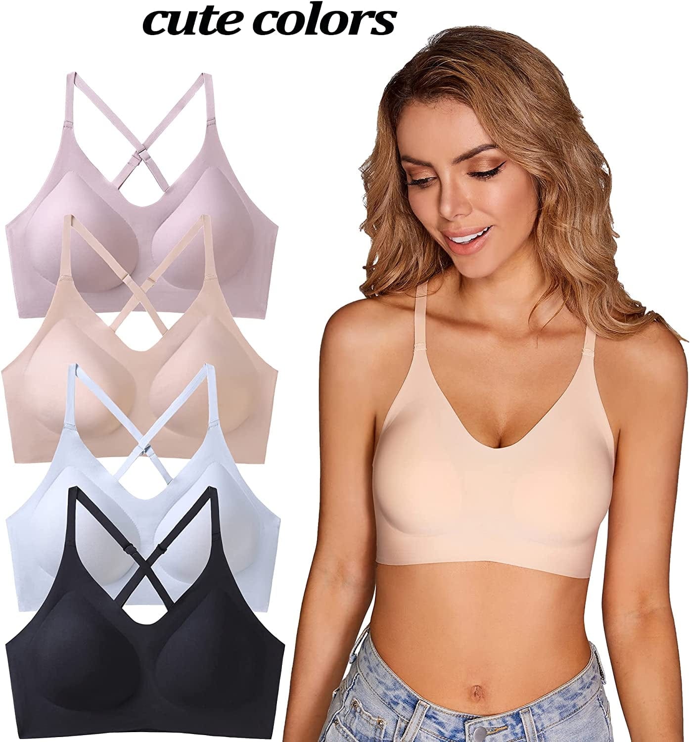 PRETTYWELL Bras for Women Comfort Seamless Bra, Cross Back Adjustable Bralette Bra, Wireless Everyday Bras for Women A-C Cup