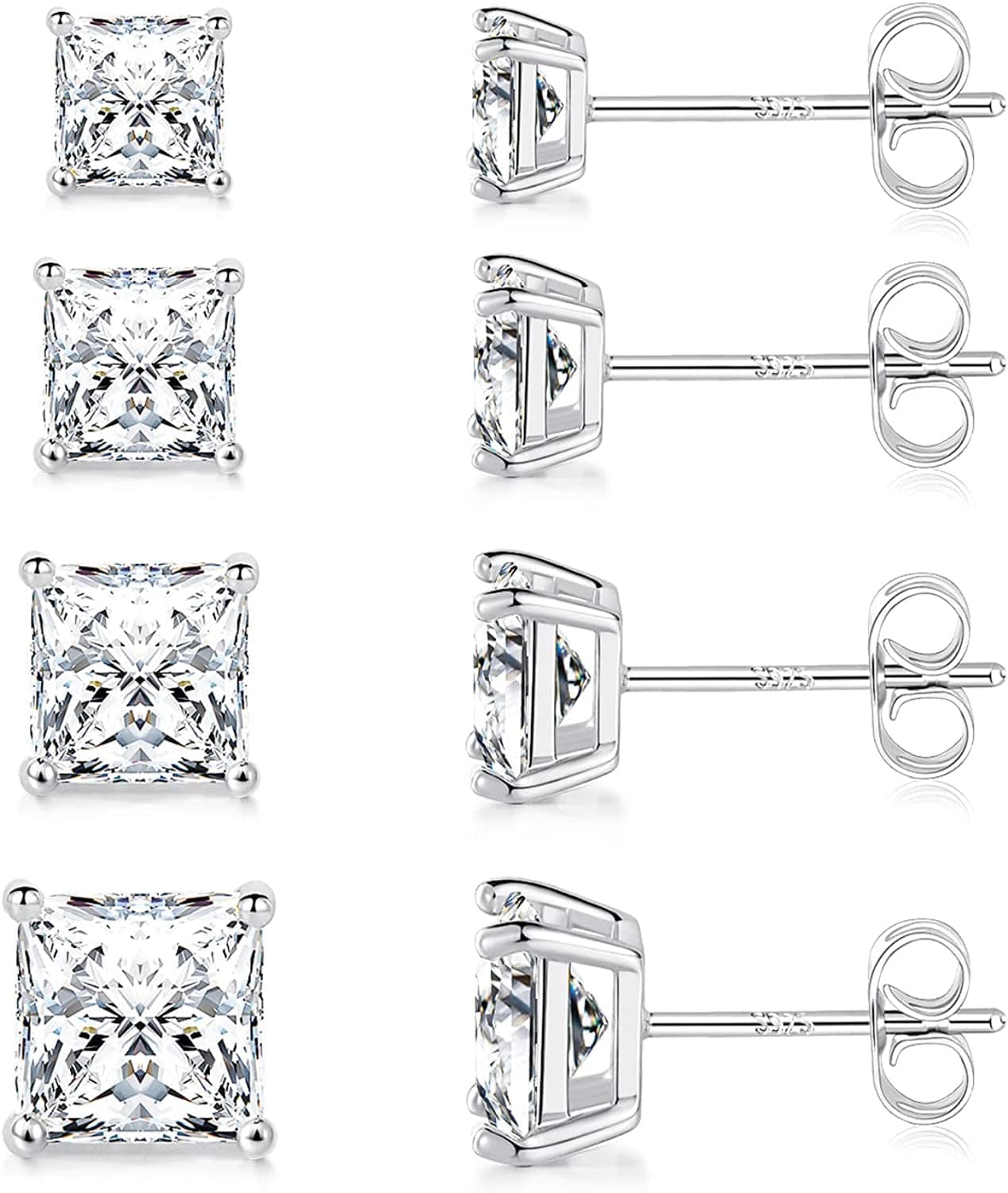 Princess Cut Cubic Zirconia 925 Sterling Silver Post Stud Earrings for Women Men H-Silver 3/4/5/6mm