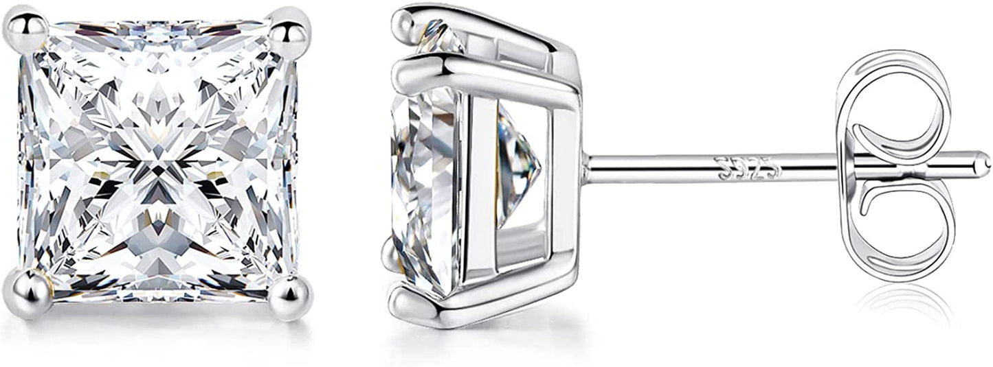 Princess Cut Cubic Zirconia 925 Sterling Silver Post Stud Earrings for Women Men E-Silver 7mm