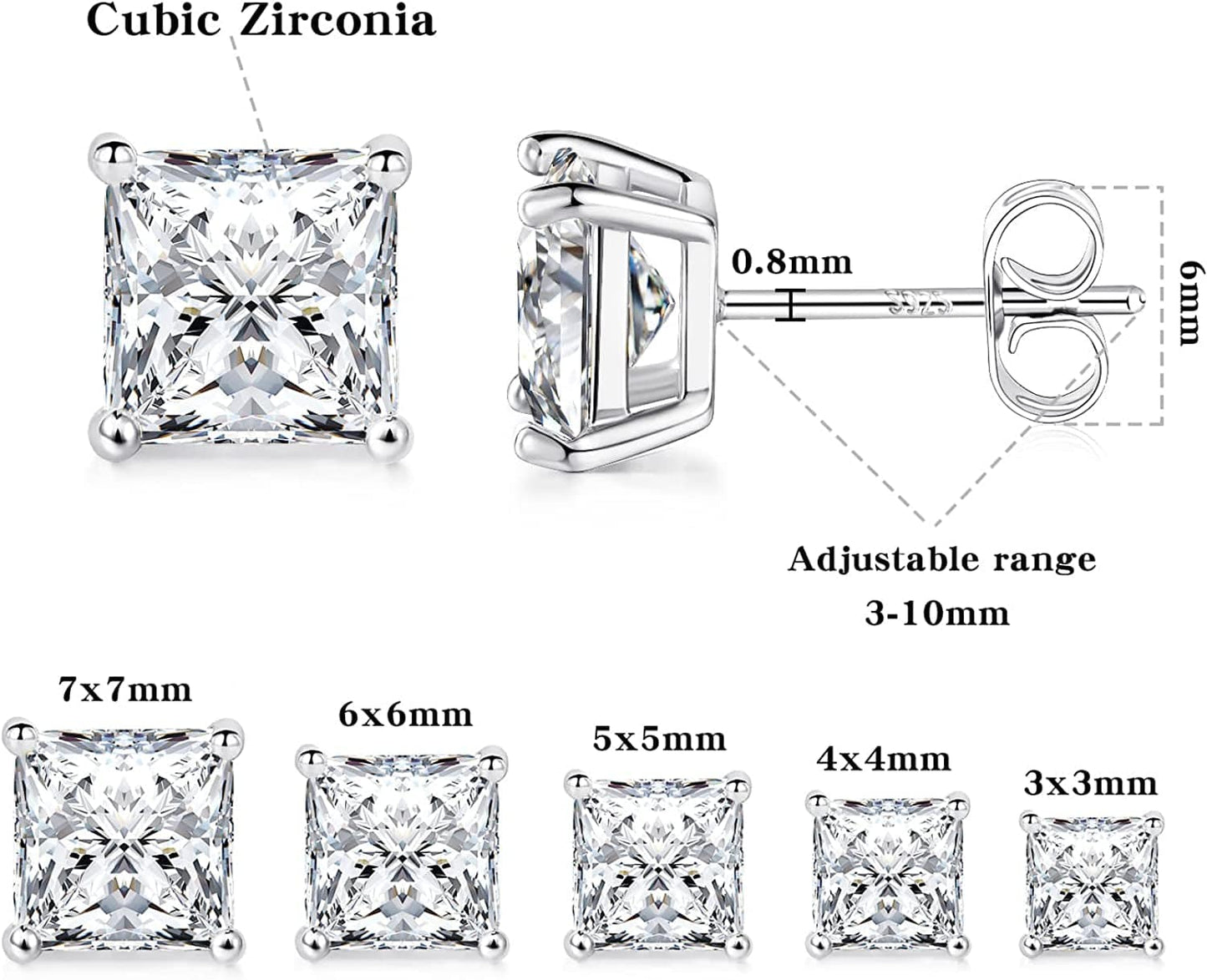 Princess Cut Cubic Zirconia 925 Sterling Silver Post Stud Earrings for Women Men
