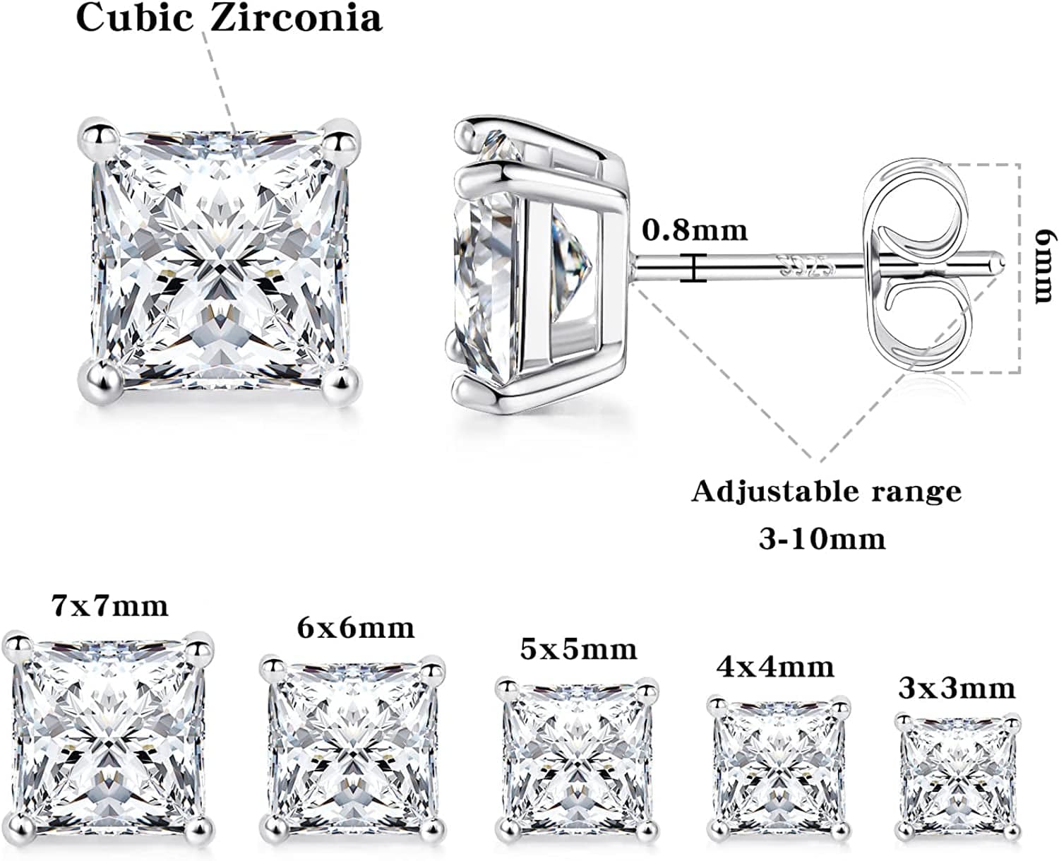Princess Cut Cubic Zirconia 925 Sterling Silver Post Stud Earrings for Women Men