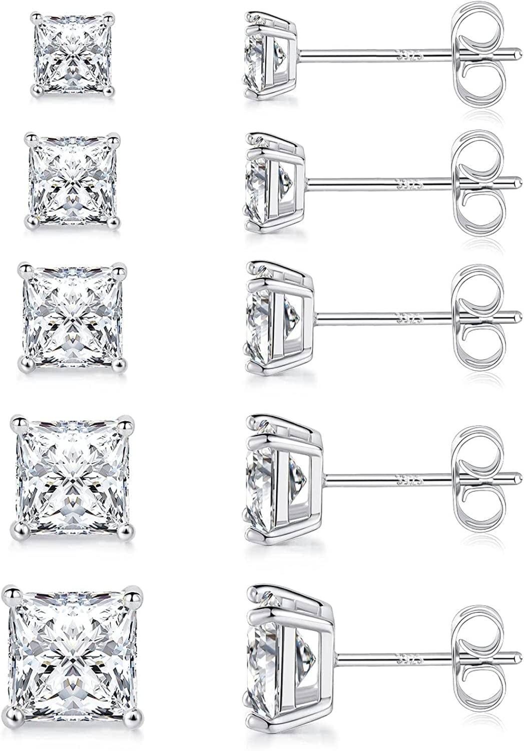 Princess Cut Cubic Zirconia 925 Sterling Silver Post Stud Earrings for Women Men I-Silver 3/4/5/6/7mm