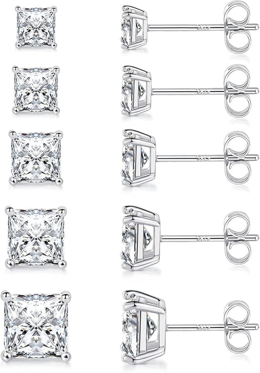 Princess Cut Cubic Zirconia 925 Sterling Silver Post Stud Earrings for Women Men I-Silver 3/4/5/6/7mm