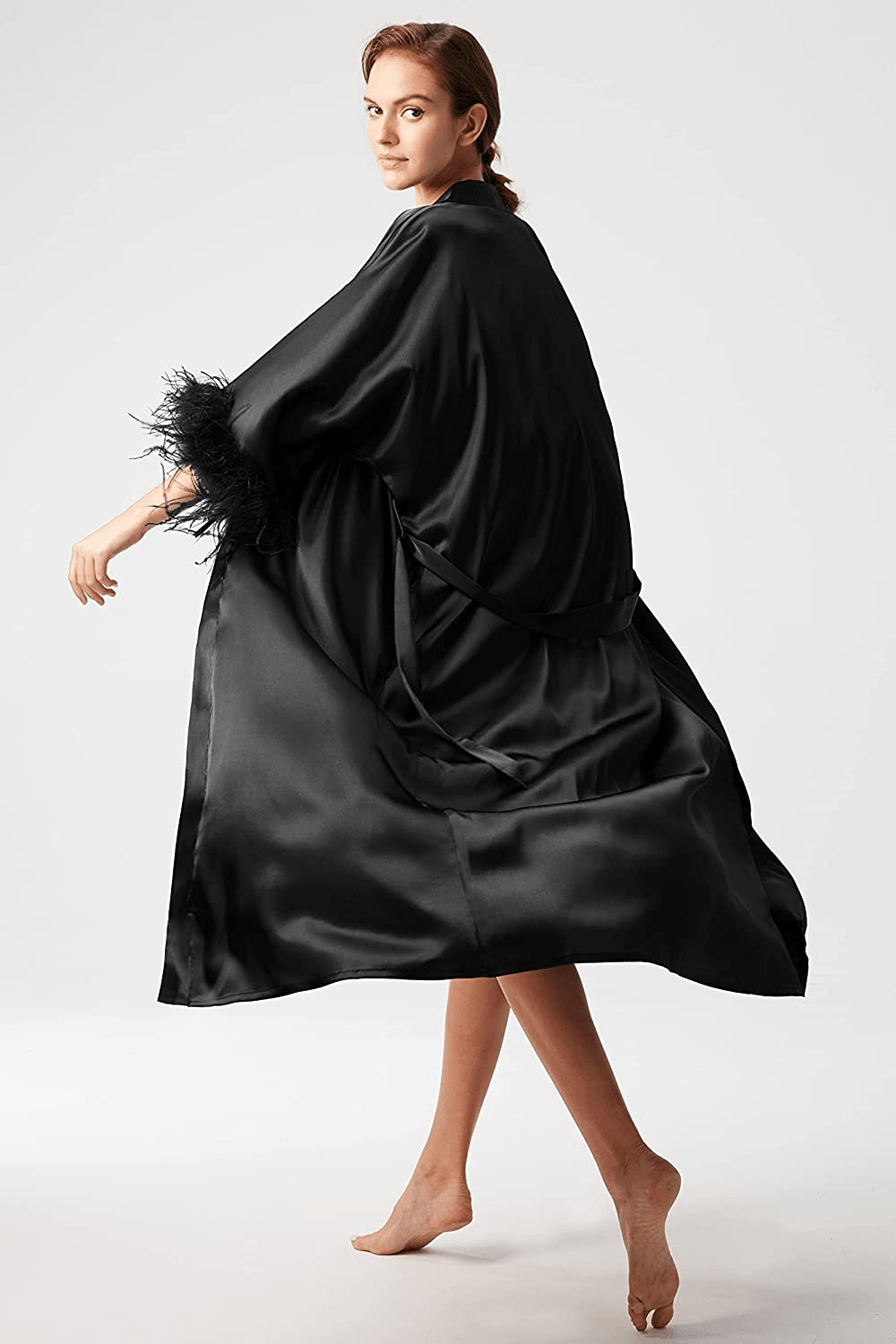 PRODESIGN Satin Kimono Robe Long Bath Robe with Ostrich Feather Trim Sleepwear Wedding Bridesmaid Robe Apparel & Accessories > Clothing > Sleepwear & Loungewear > Robes PRODESIGN