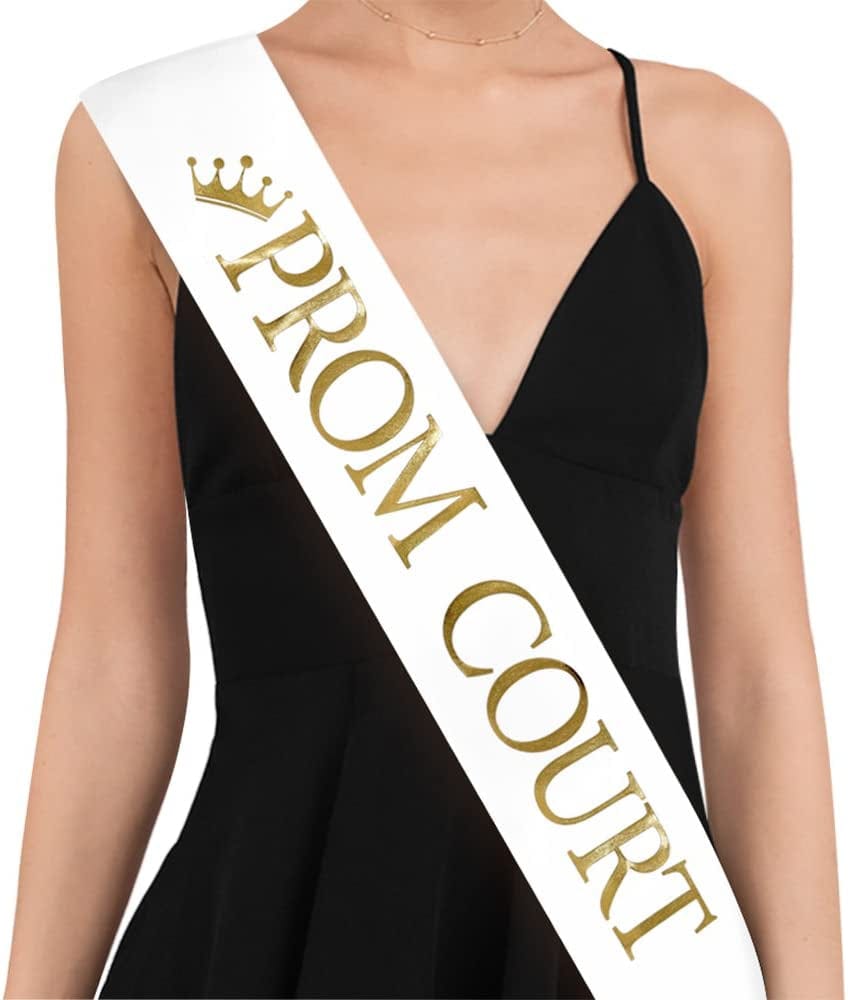 "Prom Court" Sash - Set of 2 - School Dance Graduation Party School Party Accessories, White with Gold Print … Apparel & Accessories > Clothing Accessories > Sashes TTCOROCK 68 Inch (Pack of 1)