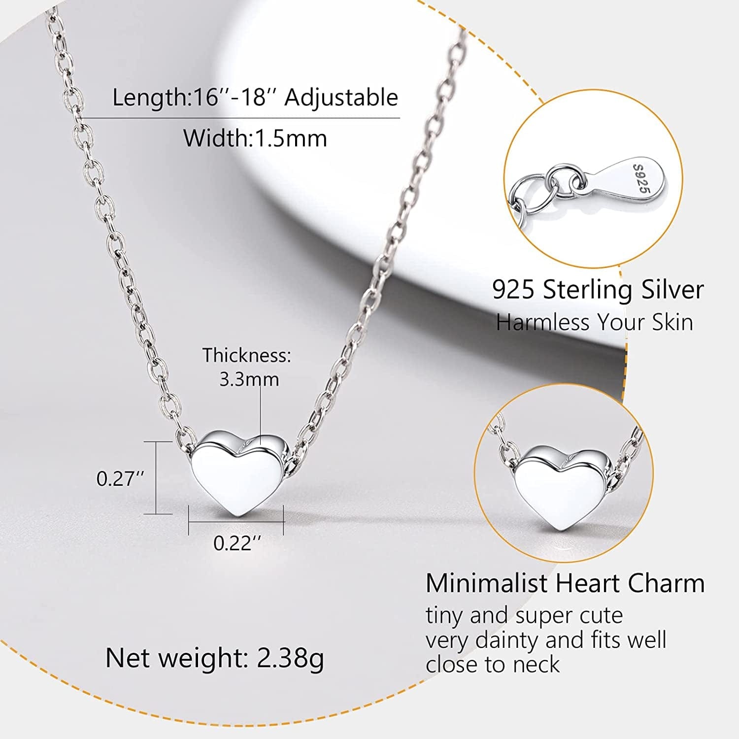 PROSILVER 925 Sterling Silver Dainty Necklace for Women, Heart/Cross/Round/Star/Moon/Triangle/Vertical,16"-18" Adjustable,Come Gift Box