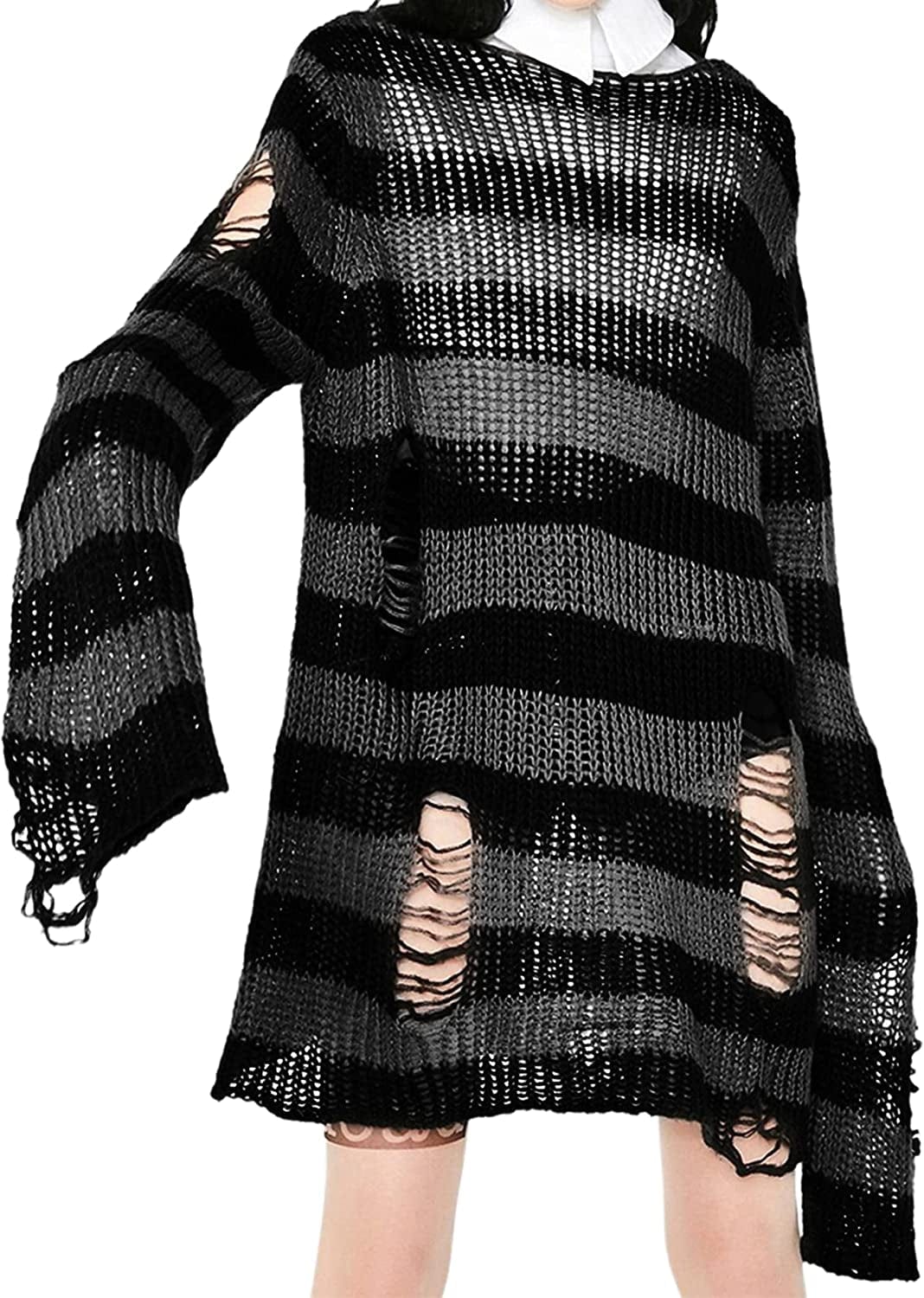 Punk Gothic Sweater for Women Men Hollow Out Loose Knit Pullover Tops Grey / Medium