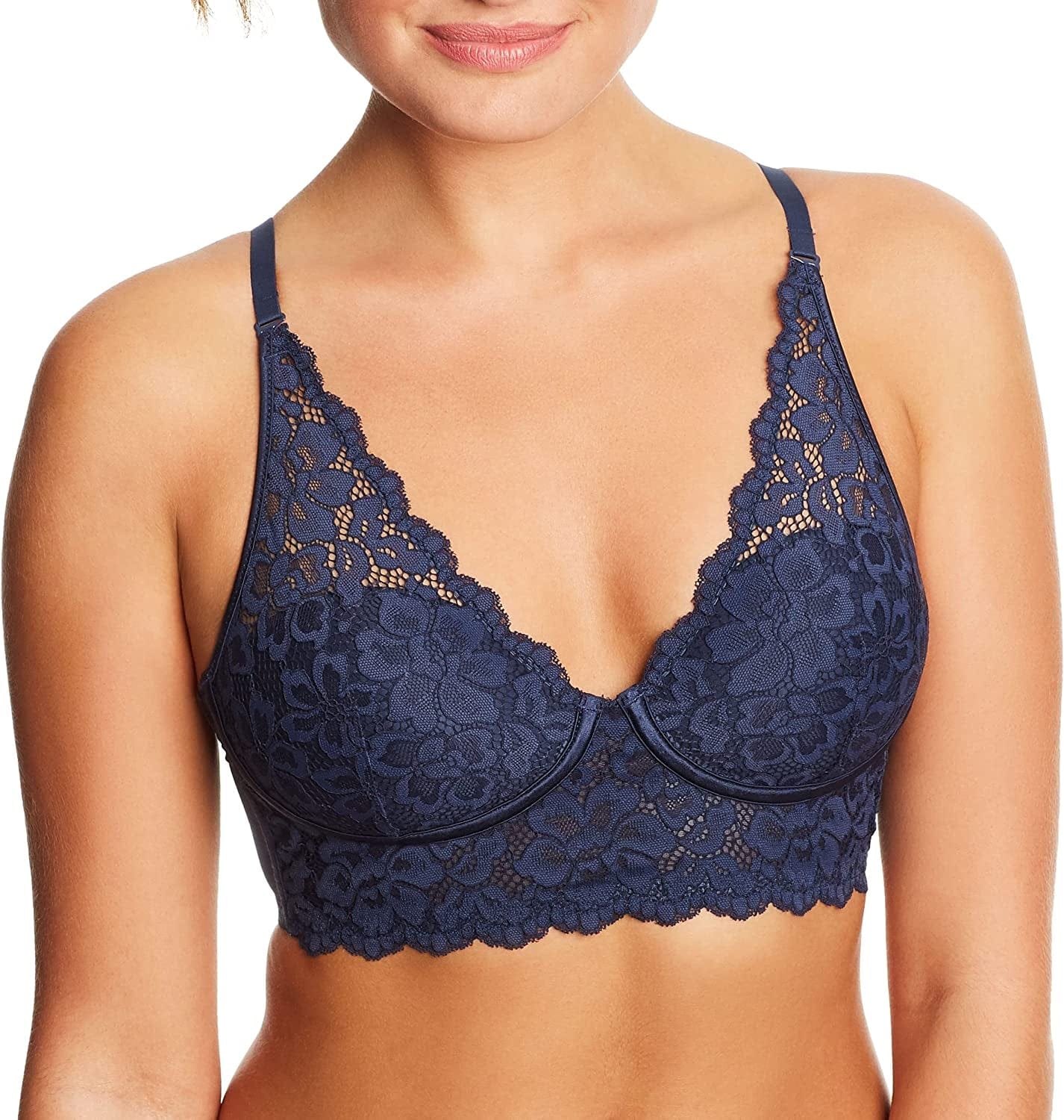 Pure Comfort Lace Bralette, Padded Wireless Bra, Convertible Longline Halter Bralette with Soft Foam Cups Navy / 34D