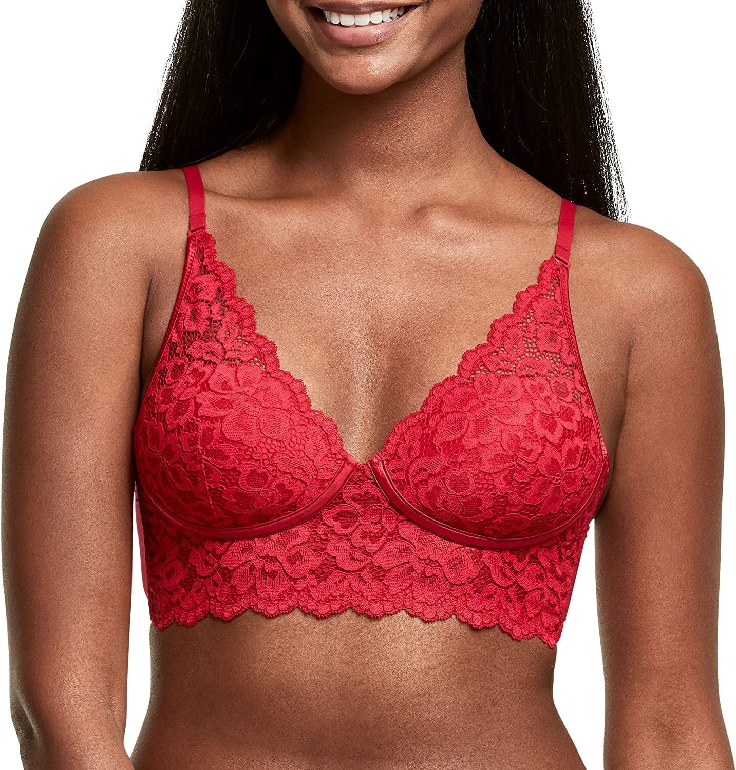Pure Comfort Lace Bralette, Padded Wireless Bra, Convertible Longline Halter Bralette with Soft Foam Cups Crimson Sunset / 36C