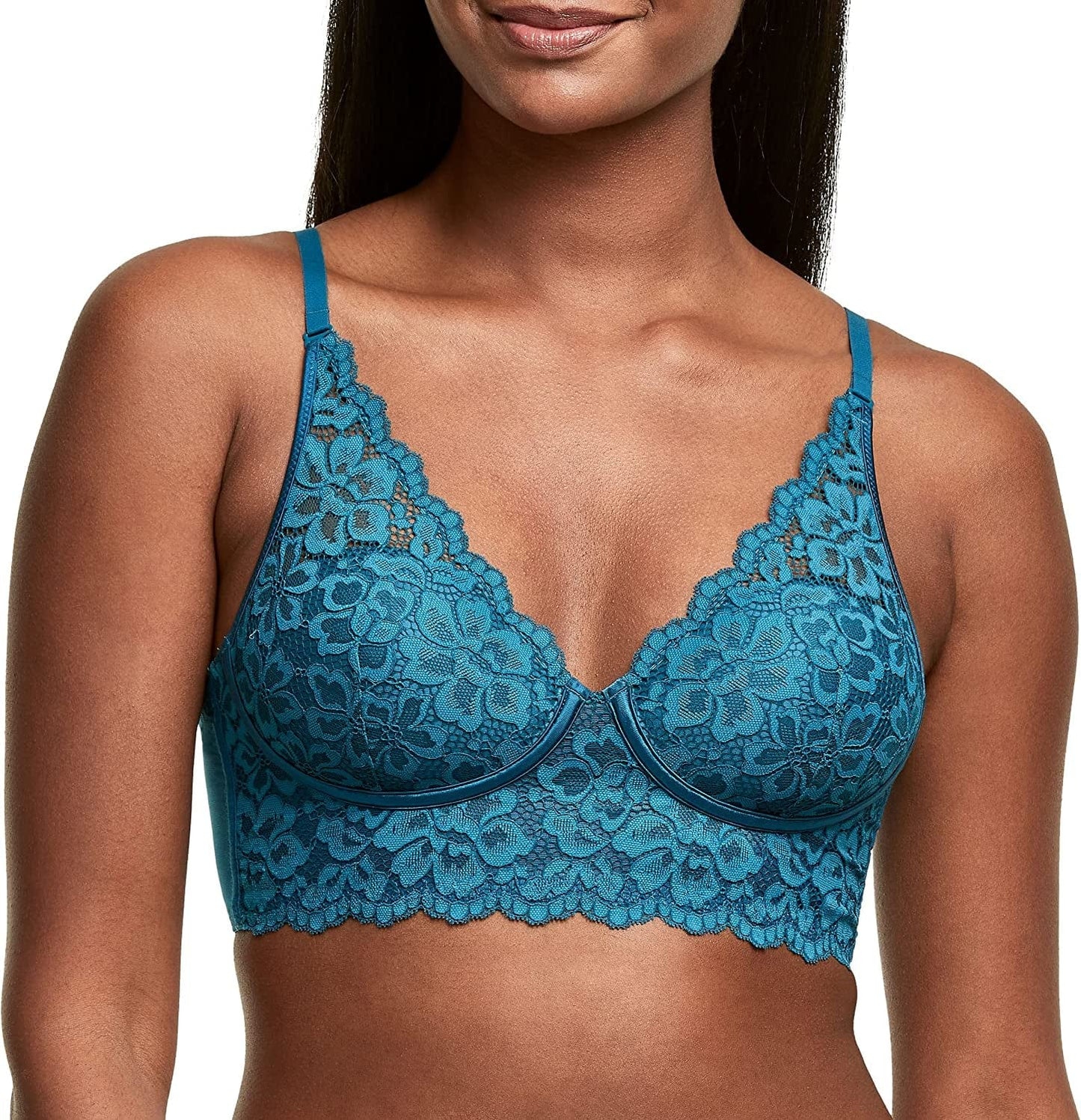 Pure Comfort Lace Bralette, Padded Wireless Bra, Convertible Longline Halter Bralette with Soft Foam Cups Petro Teal / 40C