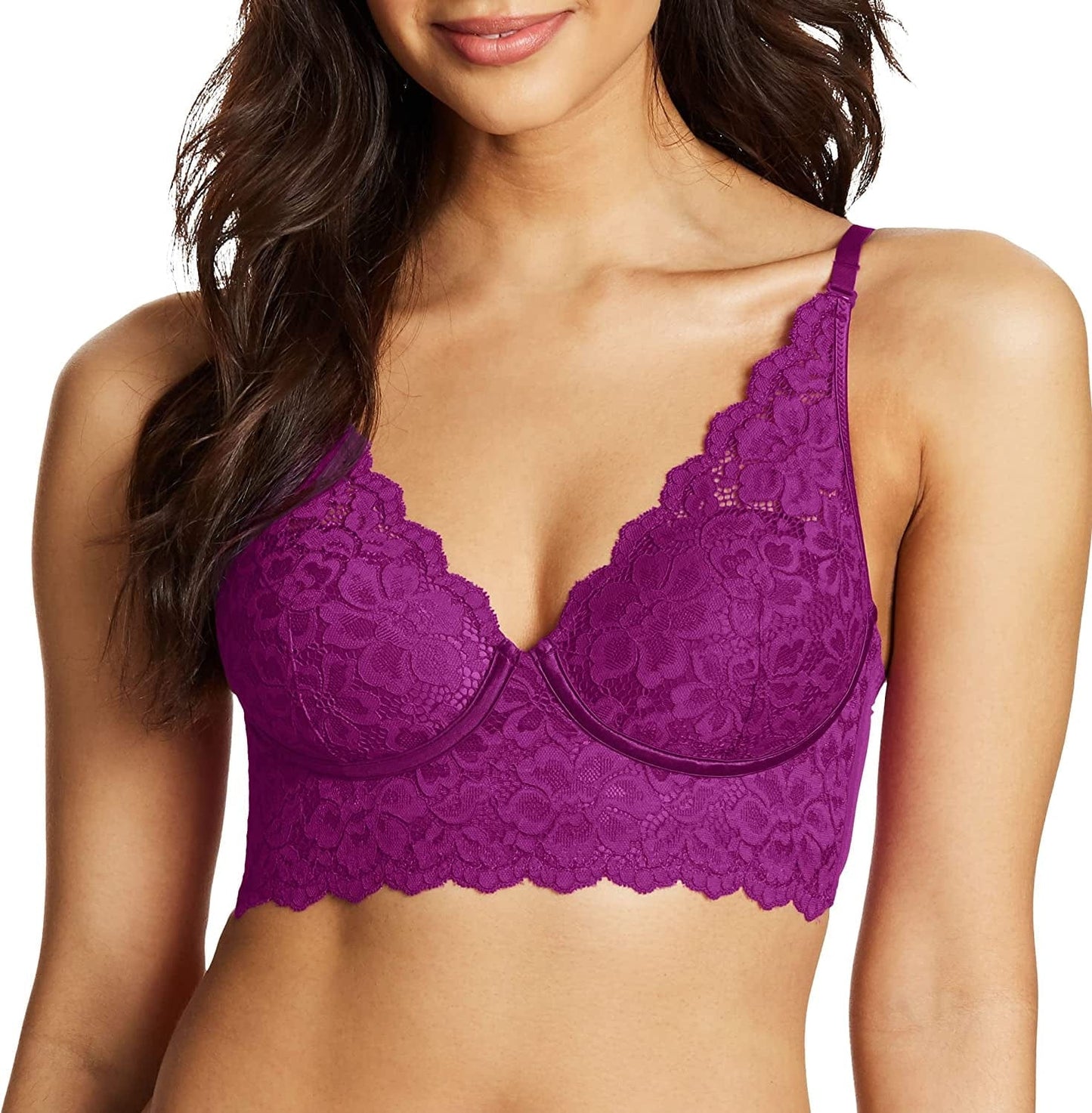 Pure Comfort Lace Bralette, Padded Wireless Bra, Convertible Longline Halter Bralette with Soft Foam Cups Dark Magenta / 34B