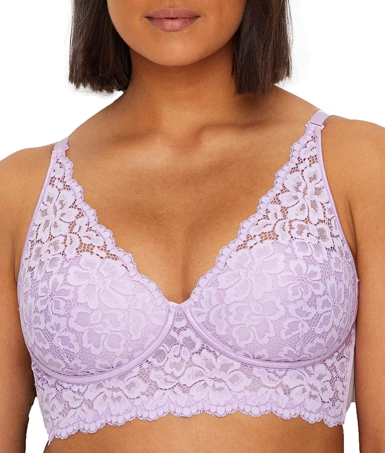 Pure Comfort Lace Bralette, Padded Wireless Bra, Convertible Longline Halter Bralette with Soft Foam Cups Luminous Lilac / 36A