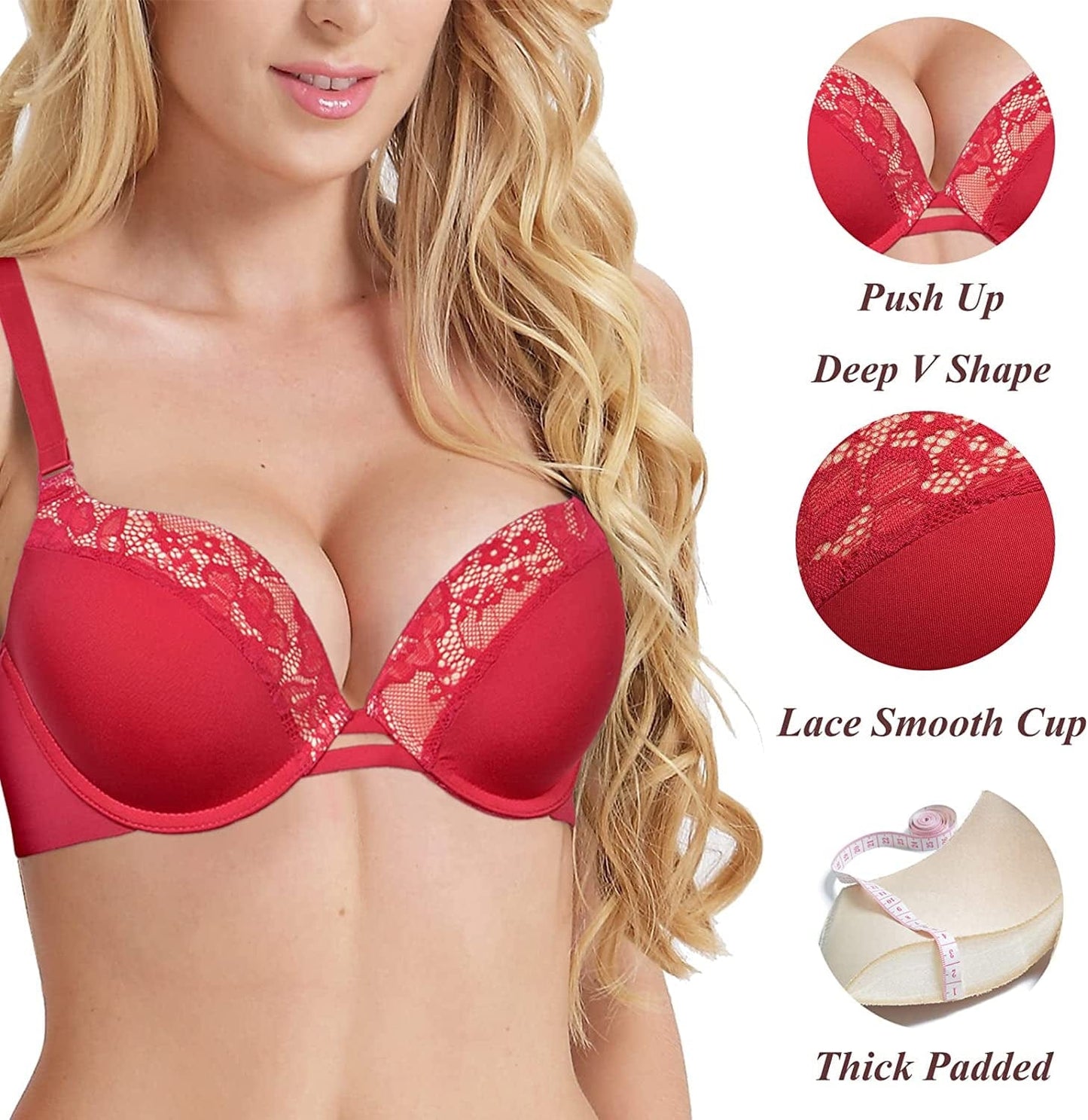 Push up Thick Padded Plunge Underwire T Shirt Lace Bra Lift Support for Women Add One Cup