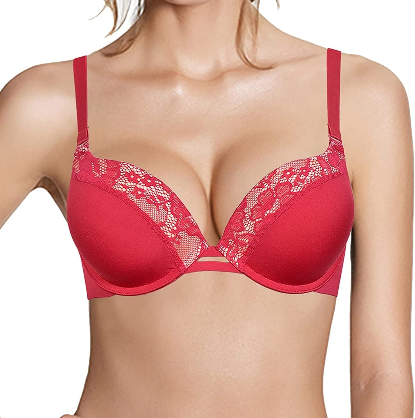 Push up Thick Padded Plunge Underwire T Shirt Lace Bra Lift Support for Women Add One Cup Red Bra / 38A