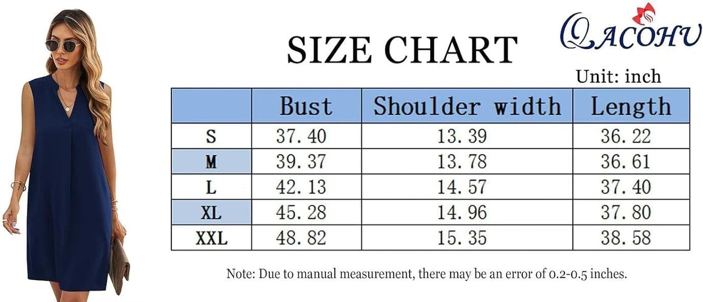 QACOHU Womens V-Neck Sleeveless Simple Solid Color Casual Summer Tanks Dress S-2XL
