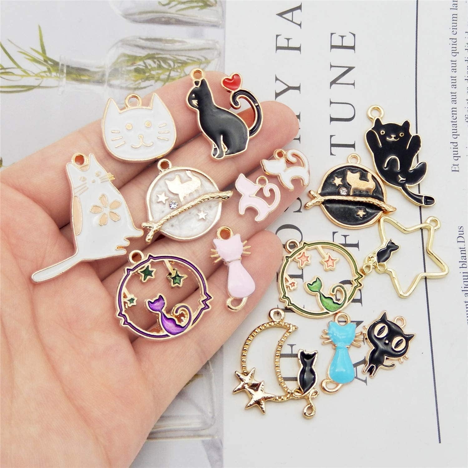 QAZ 30Pcs Bulk Lot Gold Plated Enamel Pet Cat Dainty Dangle Cute Animals Charms Pendant for Earrings Jewelry Making Necklace Bracelet Craft Findings