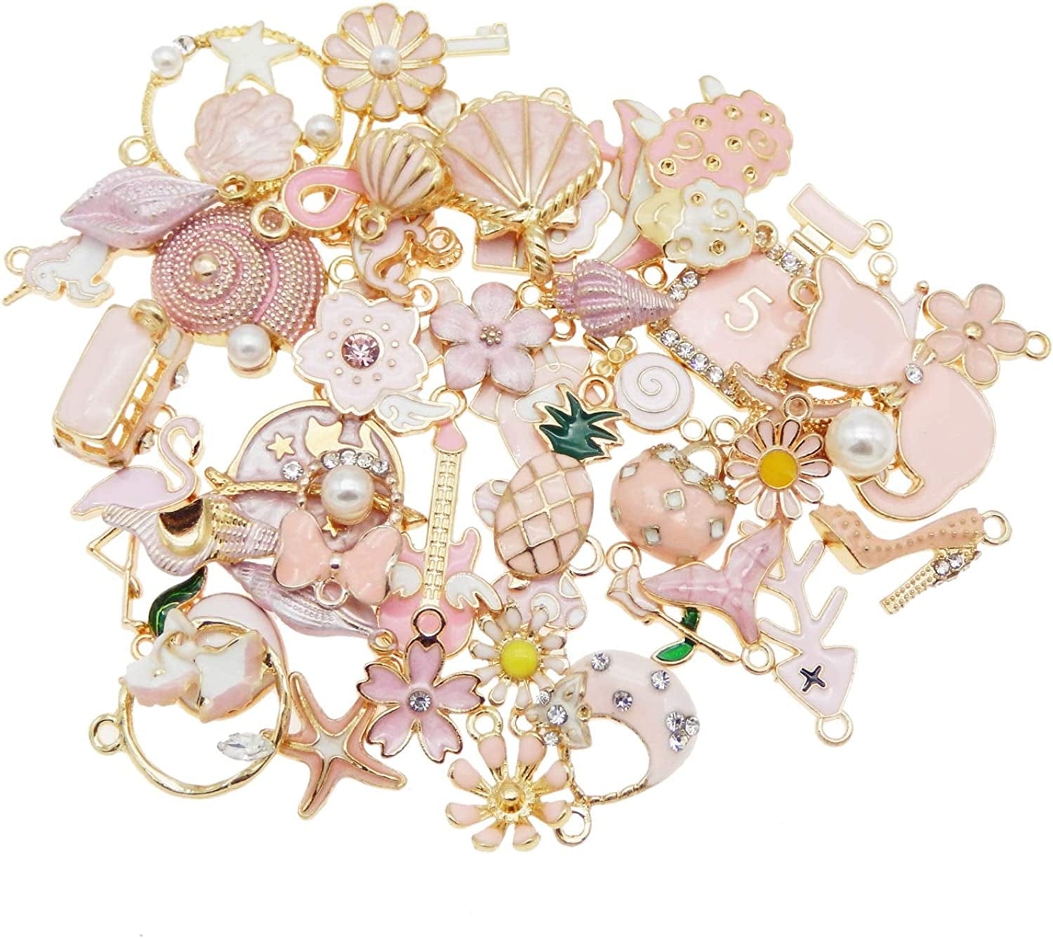 QAZ 40Pcs(20Pairs) Assorted Gold Plated Enamel Animals Fruit Moon Star Dainty Dangle Flowers Pendants Charms for Jewelry Making Necklace Bracelet, Pink Theme