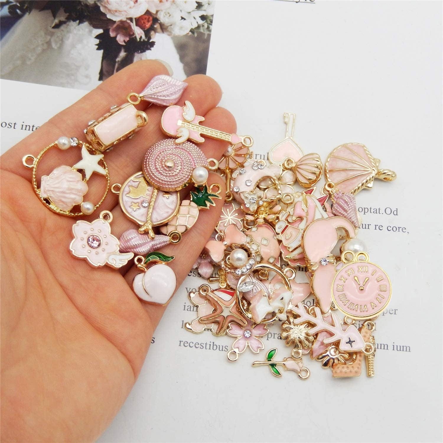 QAZ 40Pcs(20Pairs) Assorted Gold Plated Enamel Animals Fruit Moon Star Dainty Dangle Flowers Pendants Charms for Jewelry Making Necklace Bracelet, Pink Theme
