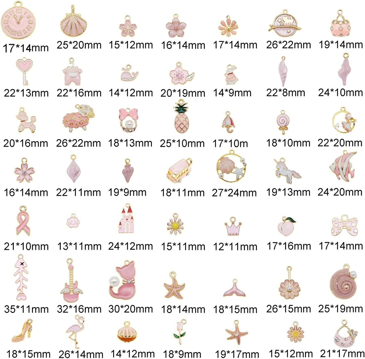 QAZ 40Pcs(20Pairs) Assorted Gold Plated Enamel Animals Fruit Moon Star Dainty Dangle Flowers Pendants Charms for Jewelry Making Necklace Bracelet, Pink Theme