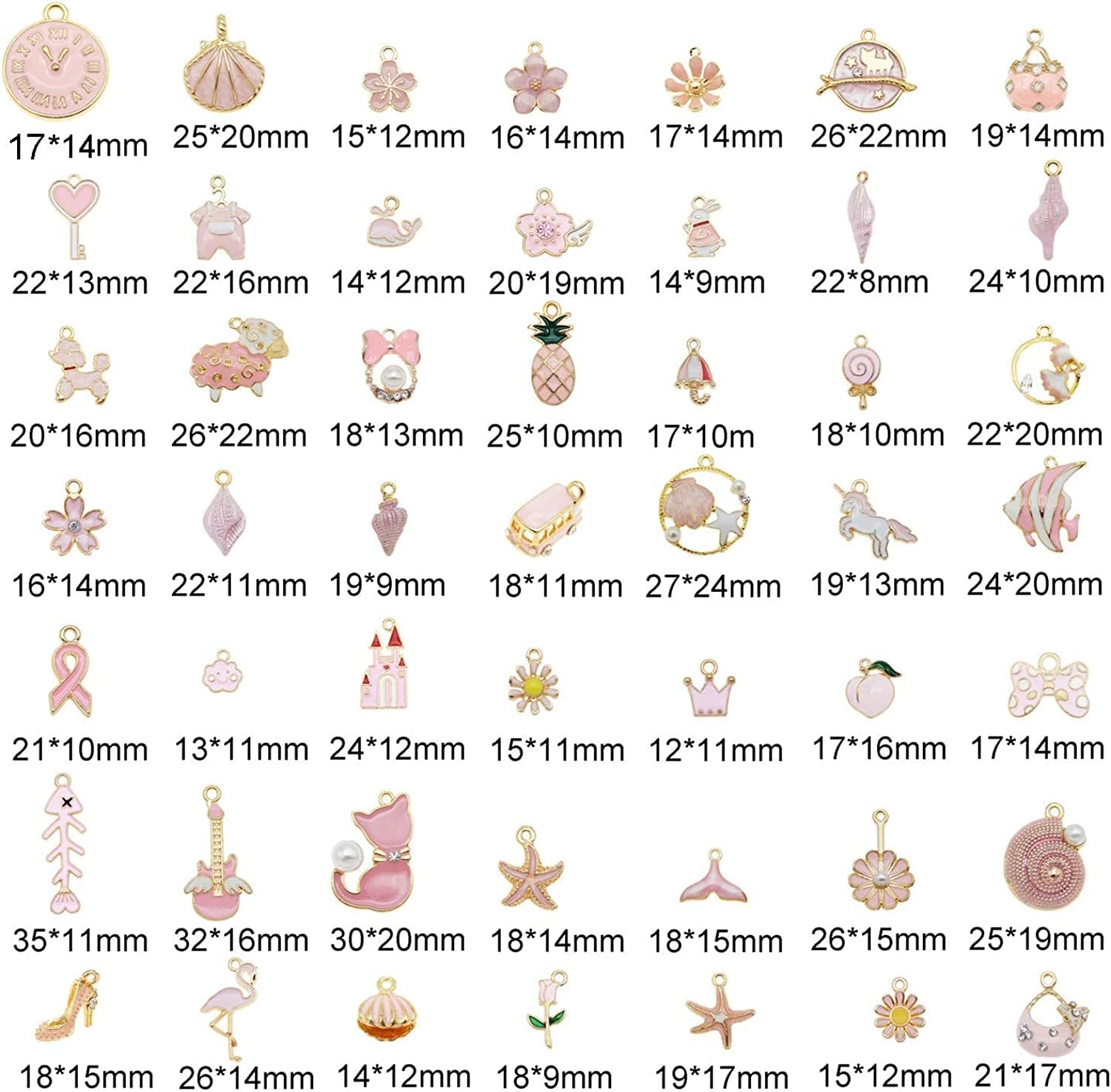 QAZ 40Pcs(20Pairs) Assorted Gold Plated Enamel Animals Fruit Moon Star Dainty Dangle Flowers Pendants Charms for Jewelry Making Necklace Bracelet, Pink Theme