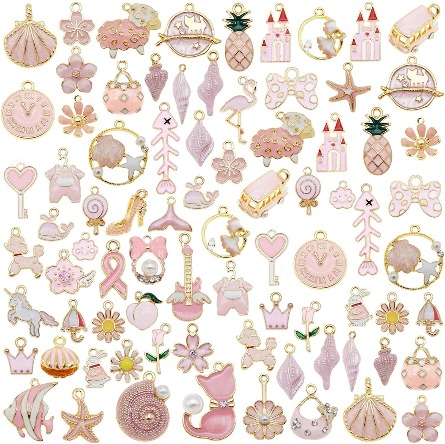 QAZ 40Pcs(20Pairs) Assorted Gold Plated Enamel Animals Fruit Moon Star Dainty Dangle Flowers Pendants Charms for Jewelry Making Necklace Bracelet, Pink Theme