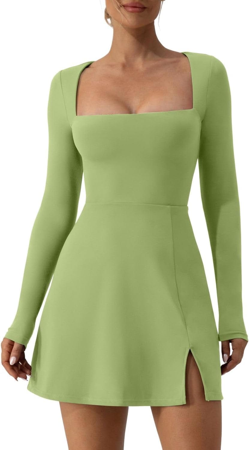 QINSEN Womens Square Neck Bodice Dress Long Sleeve Side Slit Flare Mini Dresses Light Green / Medium
