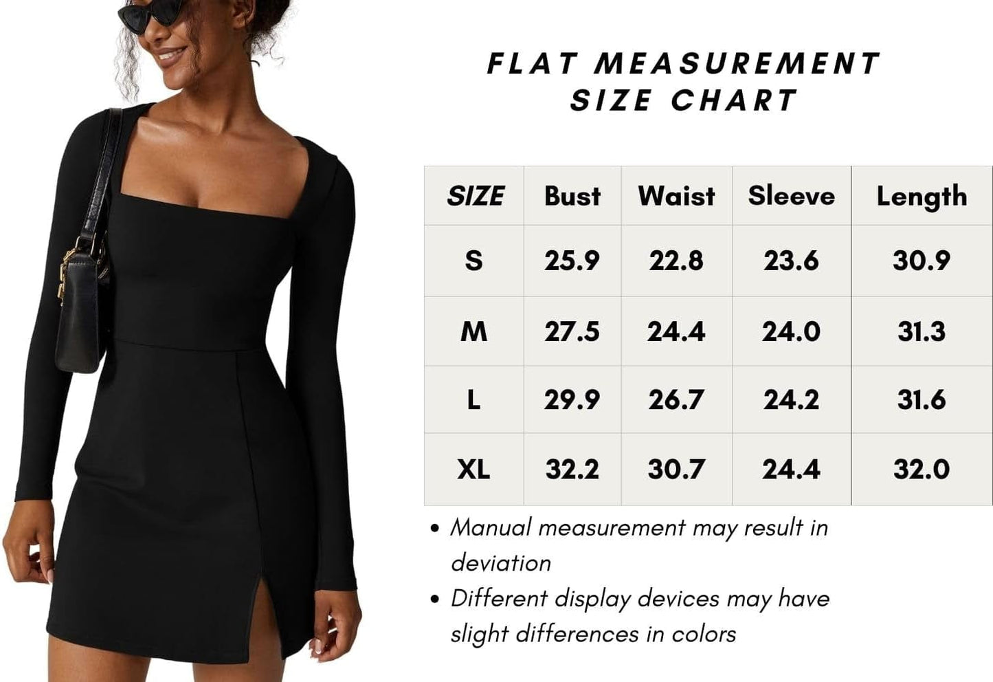 QINSEN Womens Square Neck Bodice Dress Long Sleeve Side Slit Flare Mini Dresses