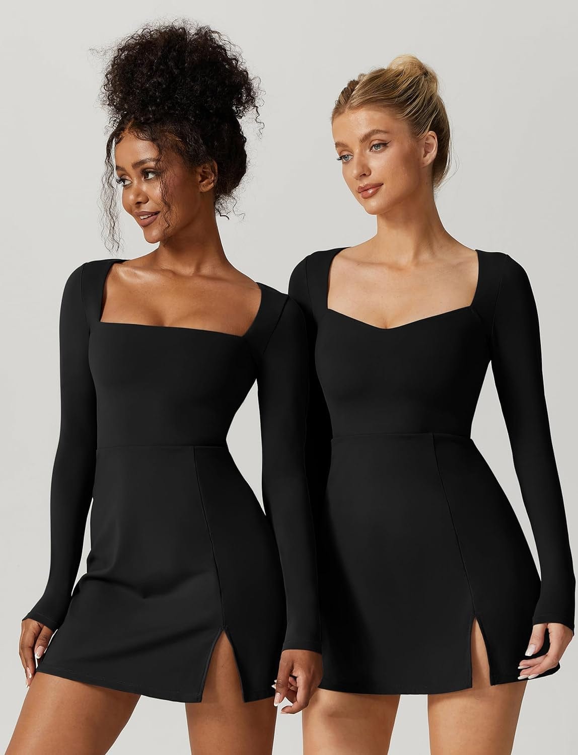 QINSEN Womens Square Neck Bodice Dress Long Sleeve Side Slit Flare Mini Dresses