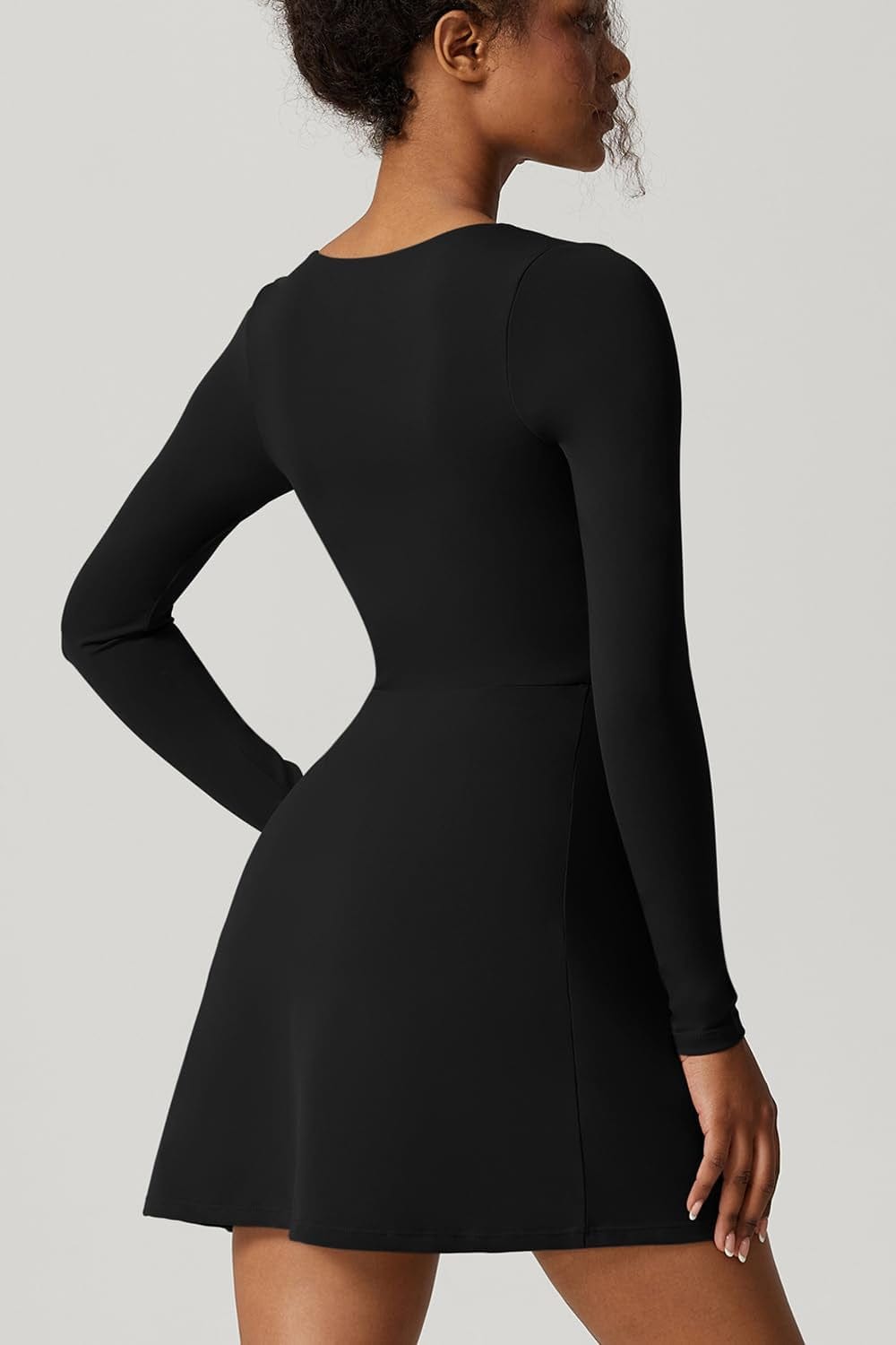 QINSEN Womens Square Neck Bodice Dress Long Sleeve Side Slit Flare Mini Dresses