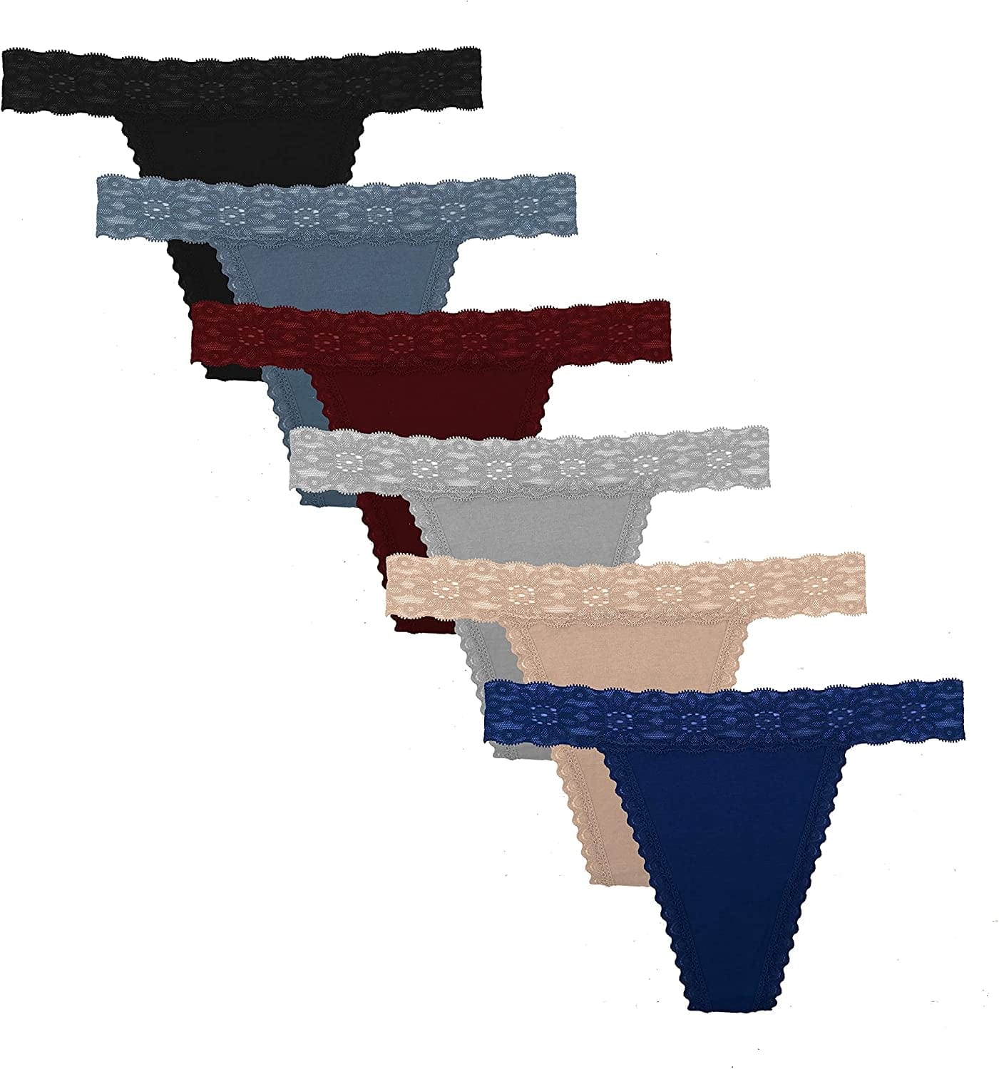 QOENDN Womens Thong Cotton Sexy Lace Panties Pack Cheeky Seamless See through Hollow Out T Back Underwear plus Size 6 Pcs Dark Colors Cotton Thong / X-Large
