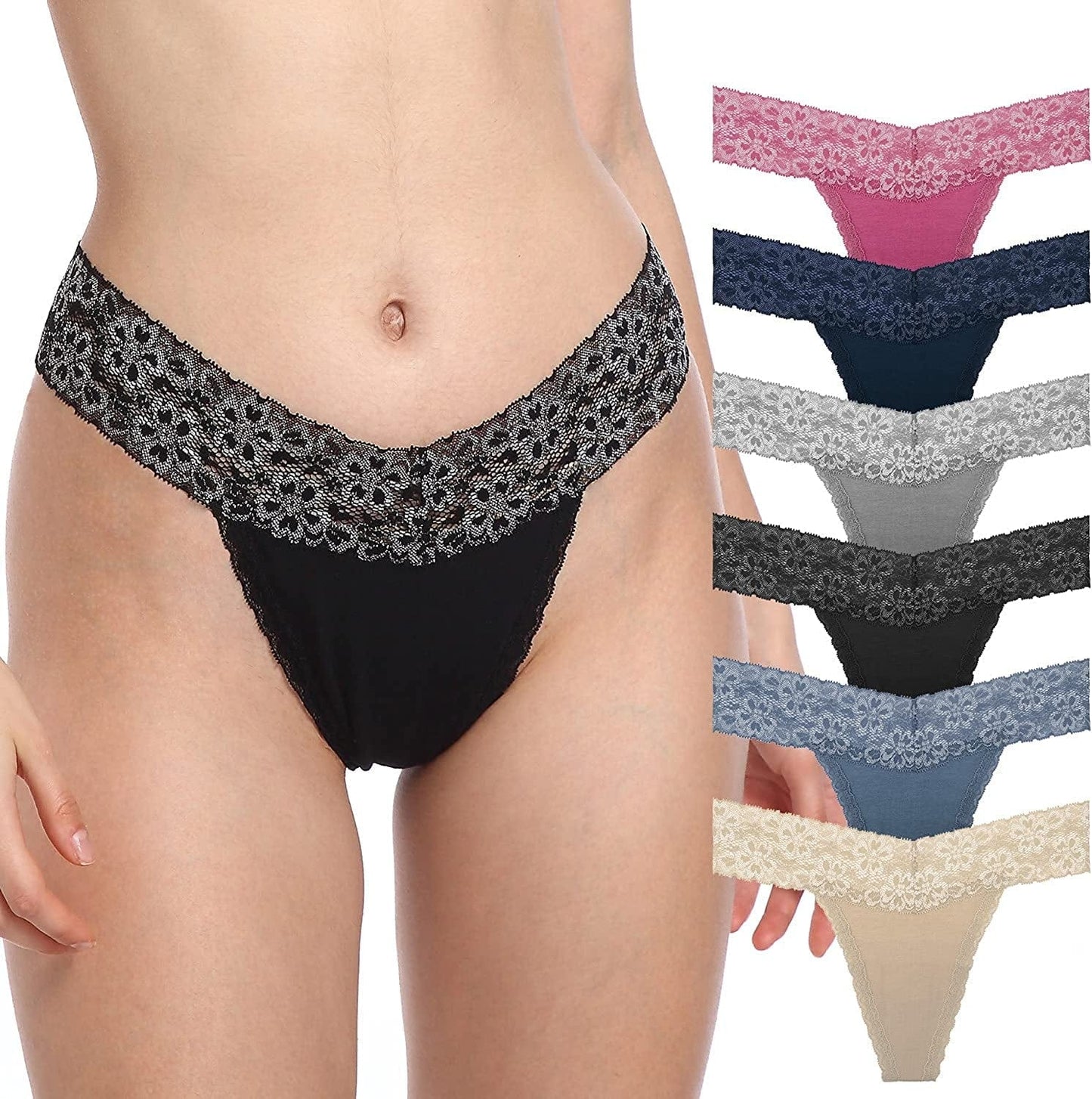 QOENDN Womens Thong Cotton Sexy Lace Panties Pack Cheeky Seamless See through Hollow Out T Back Underwear plus Size 6 Dark Colors Cotton Thong / XX-Large