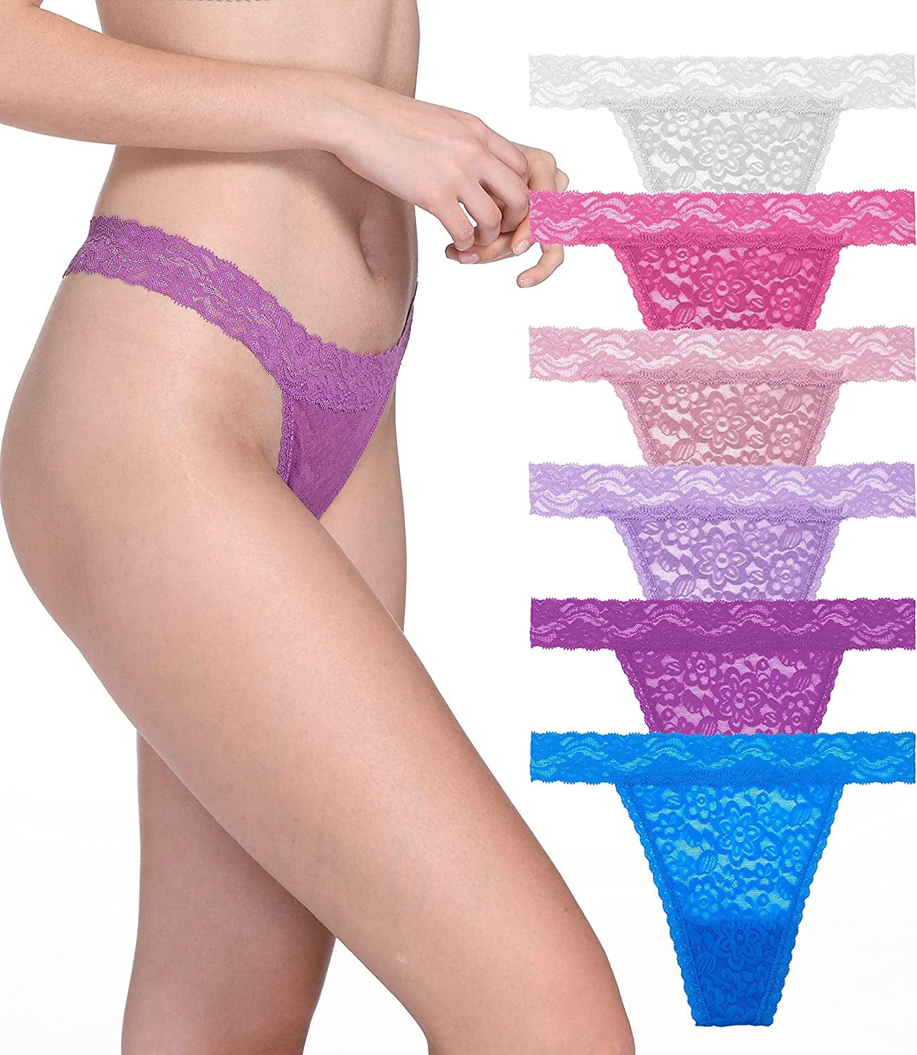 QOENDN Womens Thong Cotton Sexy Lace Panties Pack Cheeky Seamless See through Hollow Out T Back Underwear plus Size 6 Light Colors Lace Thong / Medium