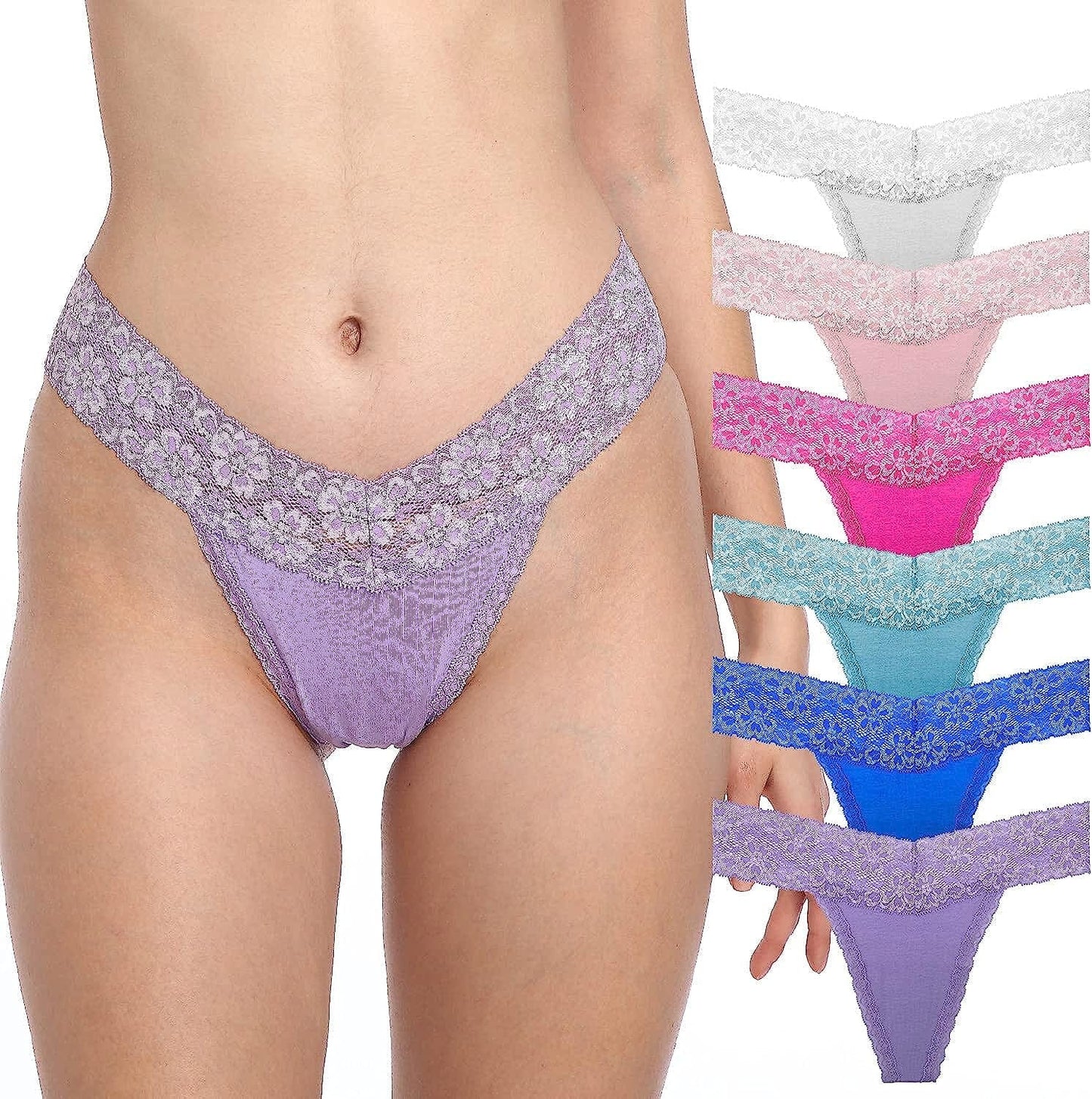 QOENDN Womens Thong Cotton Sexy Lace Panties Pack Cheeky Seamless See through Hollow Out T Back Underwear plus Size 6 Light Colors Cotton Thong / XX-Large