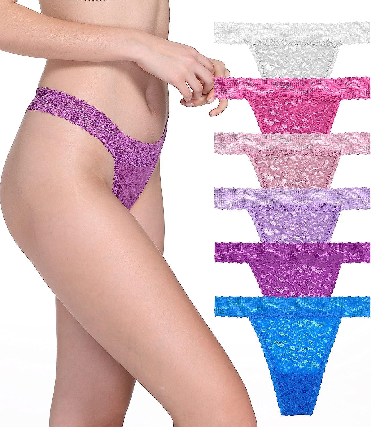 QOENDN Womens Thong Cotton Sexy Lace Panties Pack Cheeky Seamless See through Hollow Out T Back Underwear plus Size 6 Light Colors Lace Thong / X-Large