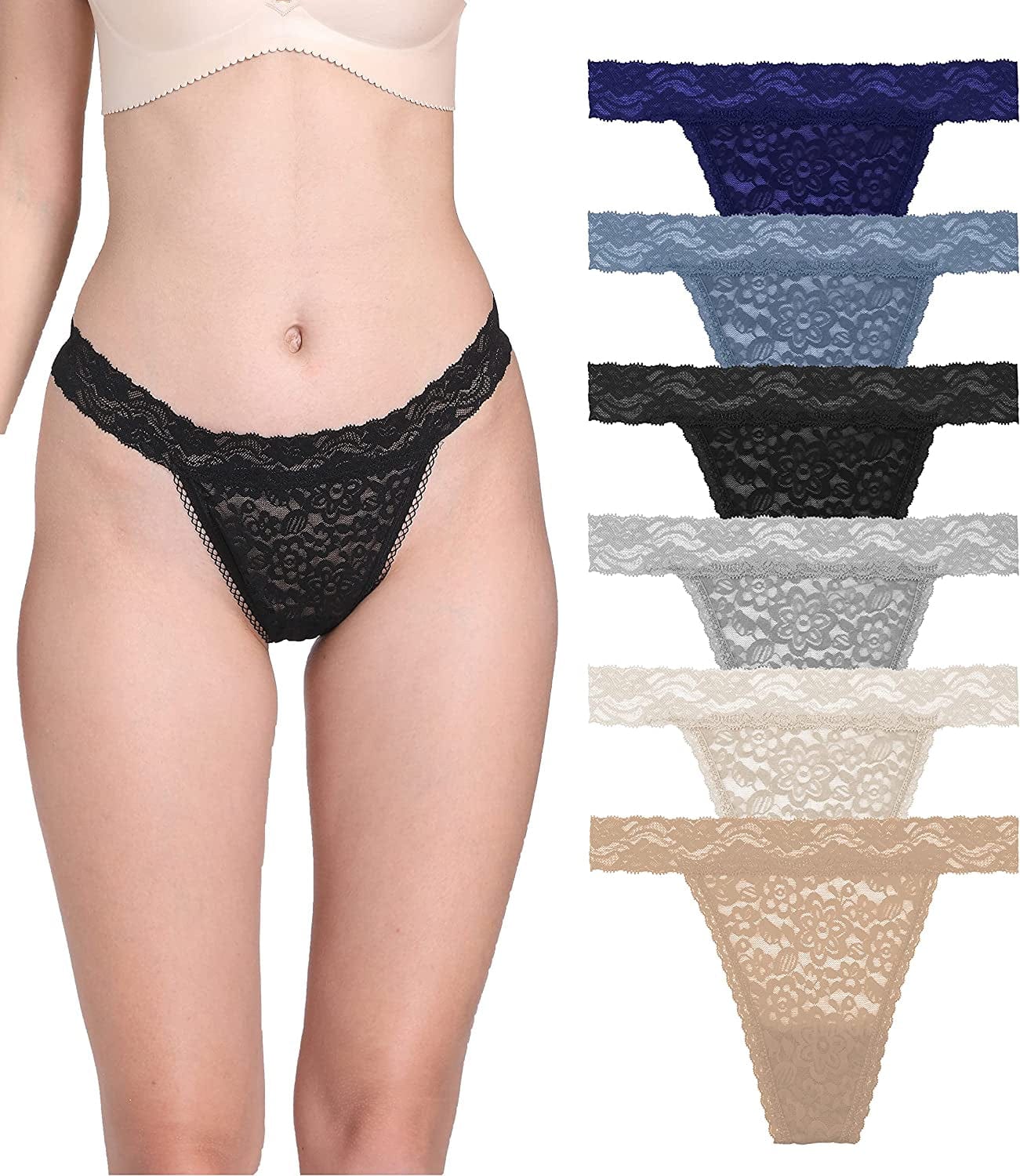 QOENDN Womens Thong Cotton Sexy Lace Panties Pack Cheeky Seamless See through Hollow Out T Back Underwear plus Size 6 Dark Colors Lace Thong / XX-Large