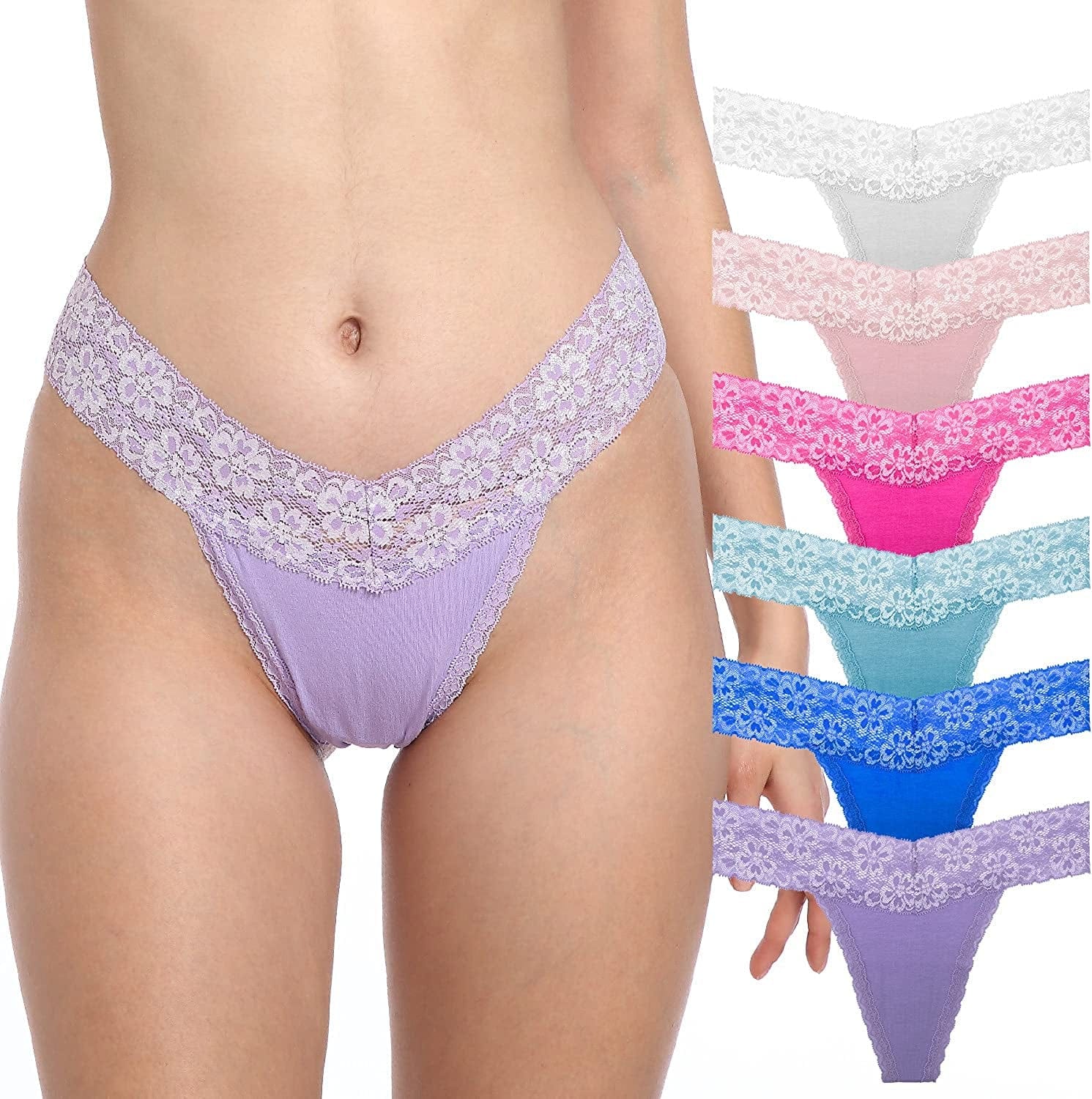 QOENDN Womens Thong Cotton Sexy Lace Panties Pack Cheeky Seamless See through Hollow Out T Back Underwear plus Size 6 Light Colors Cotton Thong / X-Large