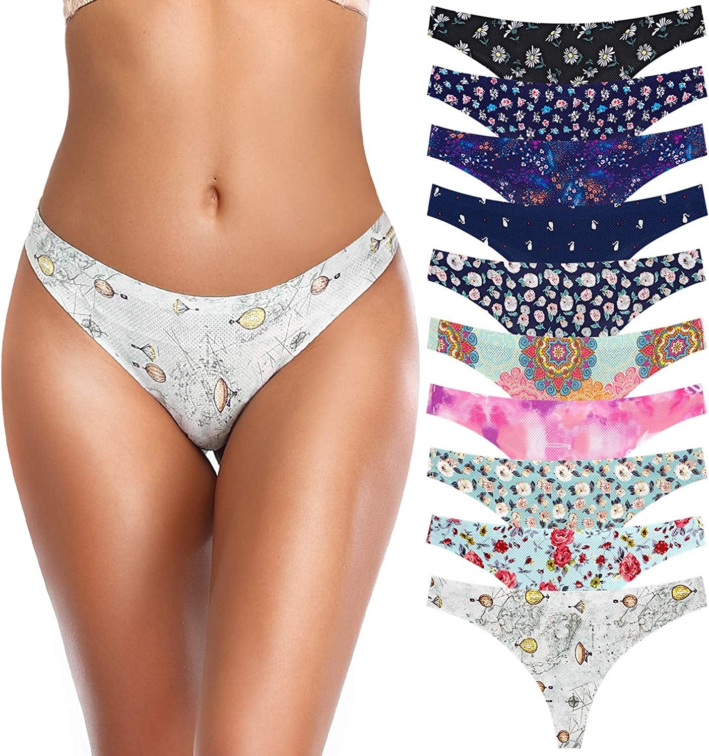 QOVOQ Seamless Thongs for Women ,Breathable Womens Thongs Cotton Thongs for Women No Show Thong Underwear Women Pack Multicoloured F-10pack / Large