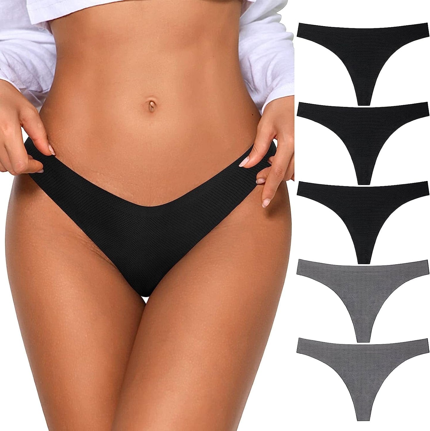 QOVOQ Seamless Thongs for Women ,Breathable Womens Thongs Cotton Thongs for Women No Show Thong Underwear Women Pack Multicoloured F-5pack / Large