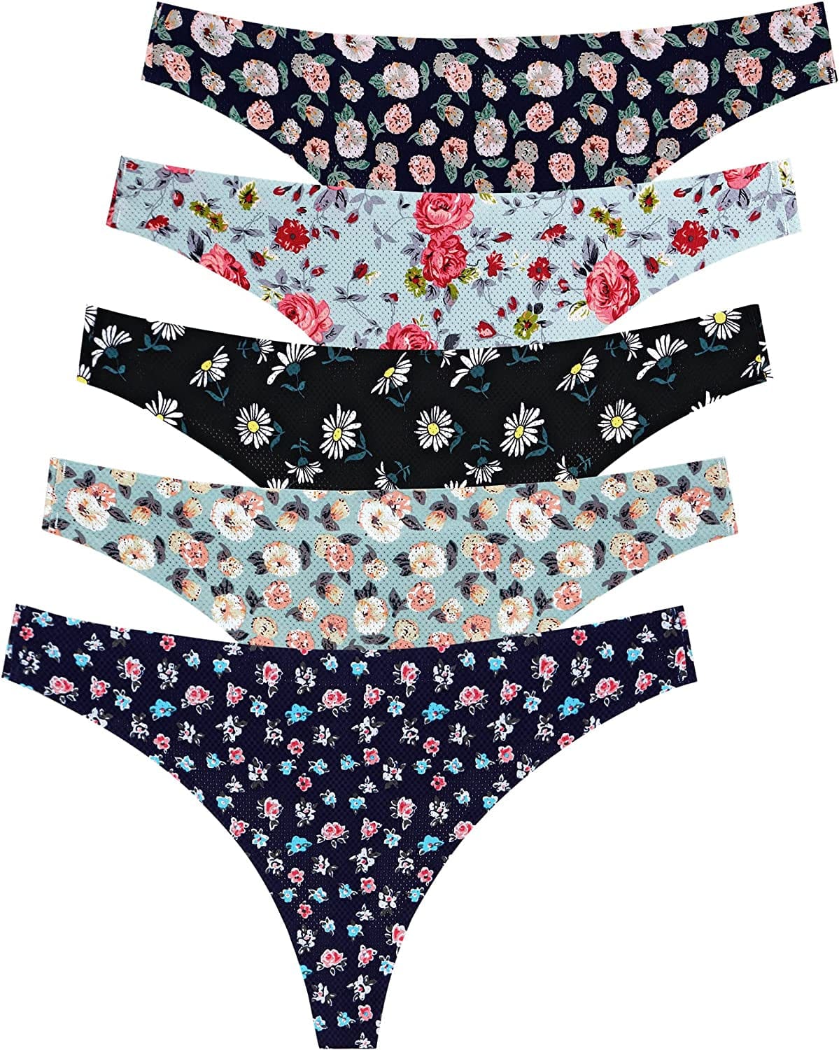 QOVOQ Seamless Thongs for Women ,Breathable Womens Thongs Cotton Thongs for Women No Show Thong Underwear Women Pack Multicoloured C-5pack / Medium