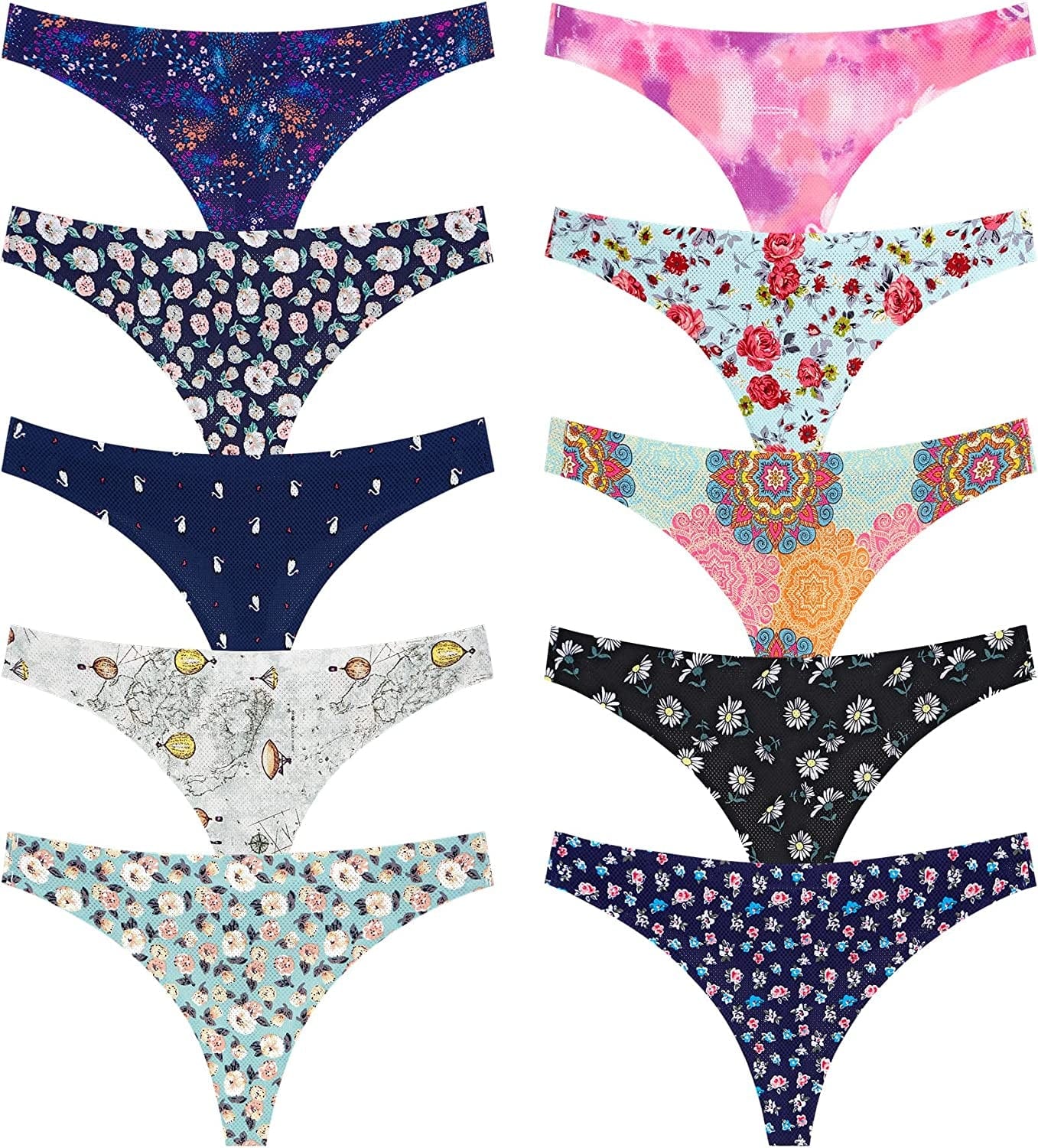 QOVOQ Seamless Thongs for Women ,Breathable Womens Thongs Cotton Thongs for Women No Show Thong Underwear Women Pack Multicoloured I-10pack / Medium