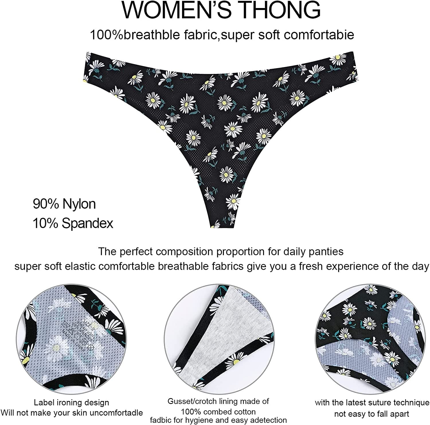 QOVOQ Seamless Thongs for Women ,Breathable Womens Thongs Cotton Thongs for Women No Show Thong Underwear Women Pack
