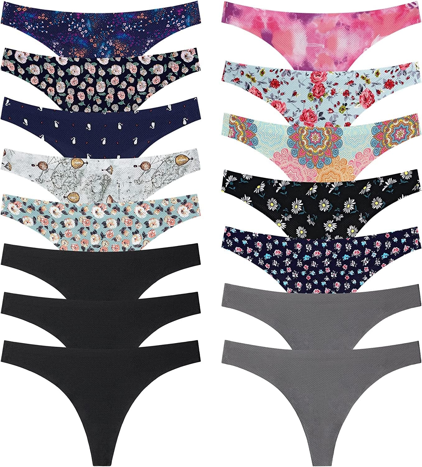 QOVOQ Seamless Thongs for Women ,Breathable Womens Thongs Cotton Thongs for Women No Show Thong Underwear Women Pack Multicoloured G-15pack / Medium