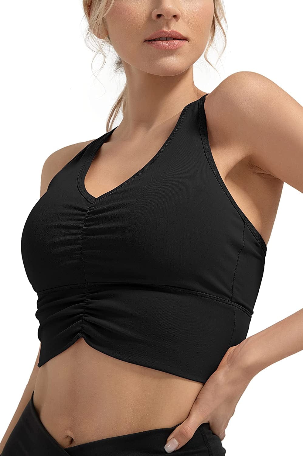 QUEENIEKE Sports Bra Scrunched Front Racerback Medium Support Longline Bra 211008 Black / Small