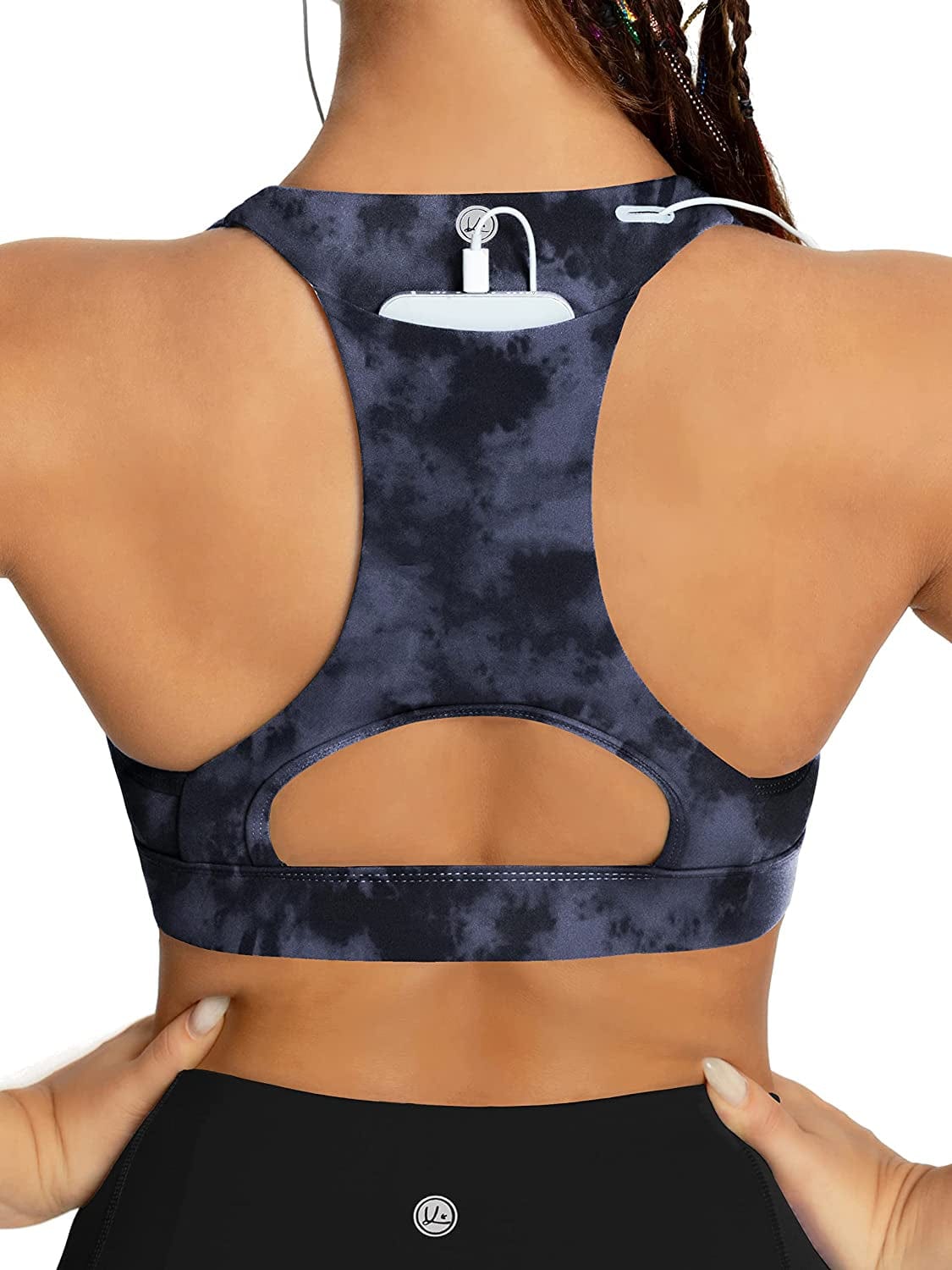 QUEENIEKE Women'S Medium Support Back Pocket Energy Sport Bra Cotton Feel 70927 Dark Blue Embroider / XX-Large