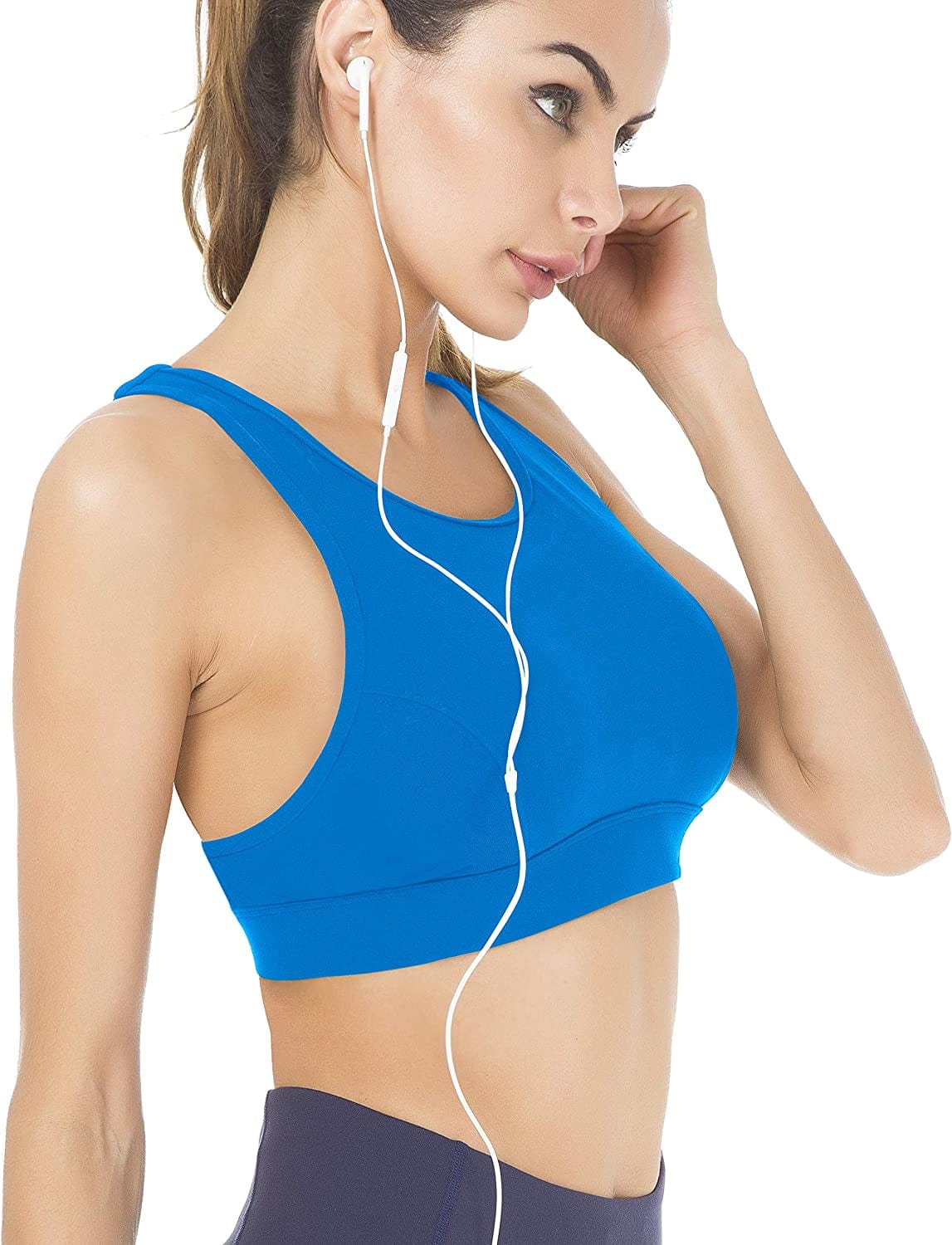 QUEENIEKE Women'S Medium Support Back Pocket Energy Sport Bra Cotton Feel 70927 Dazzling Blue Back Pocket / Small