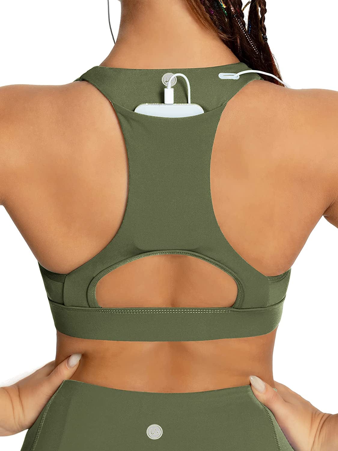 QUEENIEKE Women'S Medium Support Back Pocket Energy Sport Bra Cotton Feel 70927 Army Green Back Pocket / XX-Large