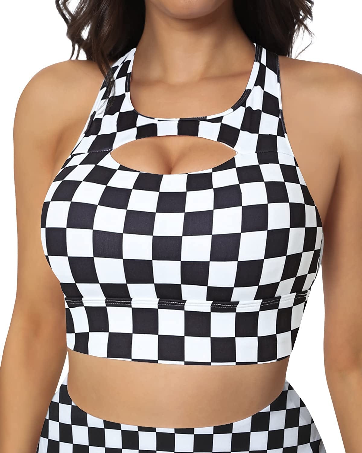 QUEENIEKE Women'S Medium Support Back Pocket Energy Sport Bra Cotton Feel 70927 2-black and White Checker / Medium